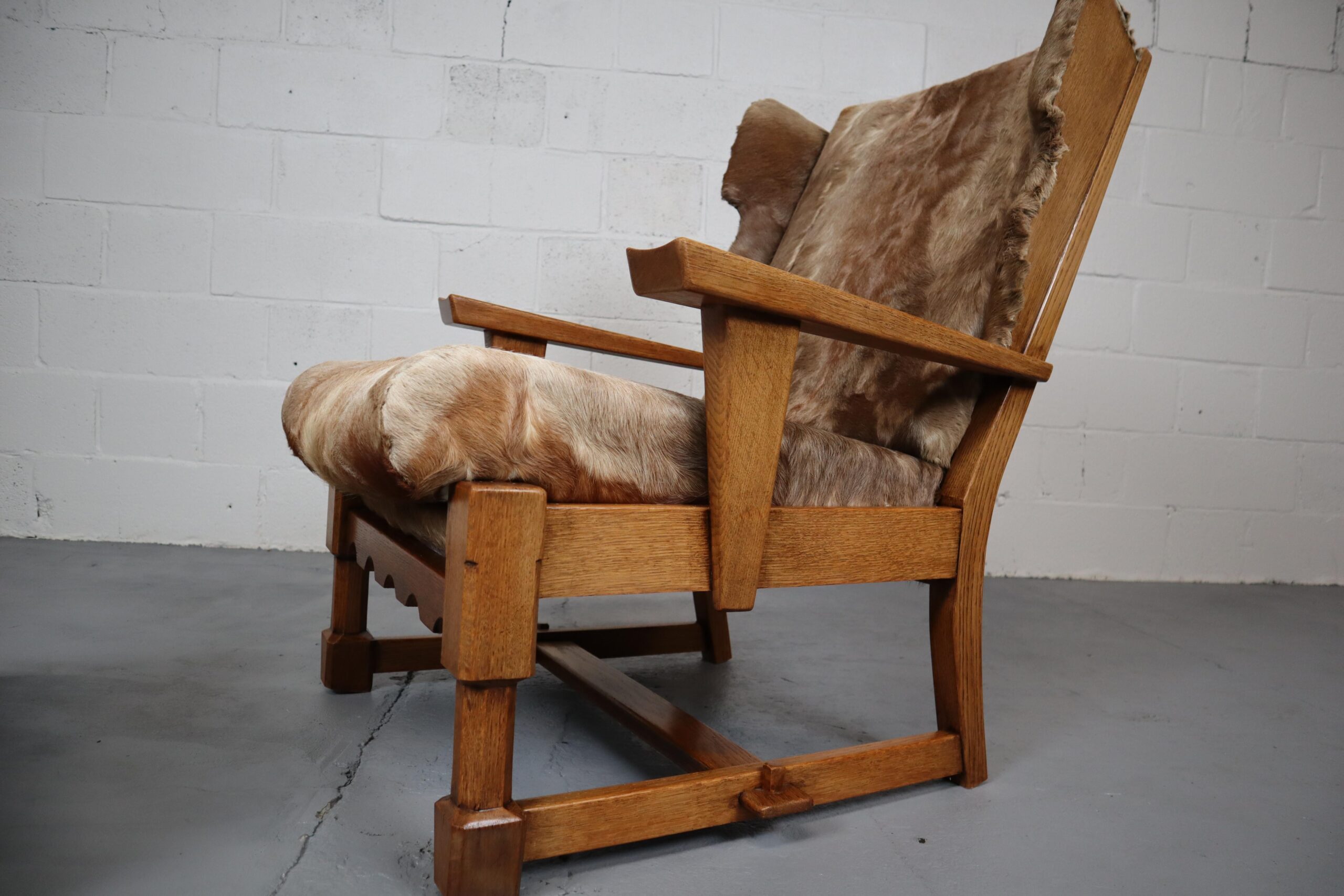 Brutalist Oak Lounge Chair and Ottoman with Upholstery in Goat Hide
