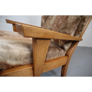 Brutalist Oak Lounge Chair and Ottoman with Upholstery in Goat Hide