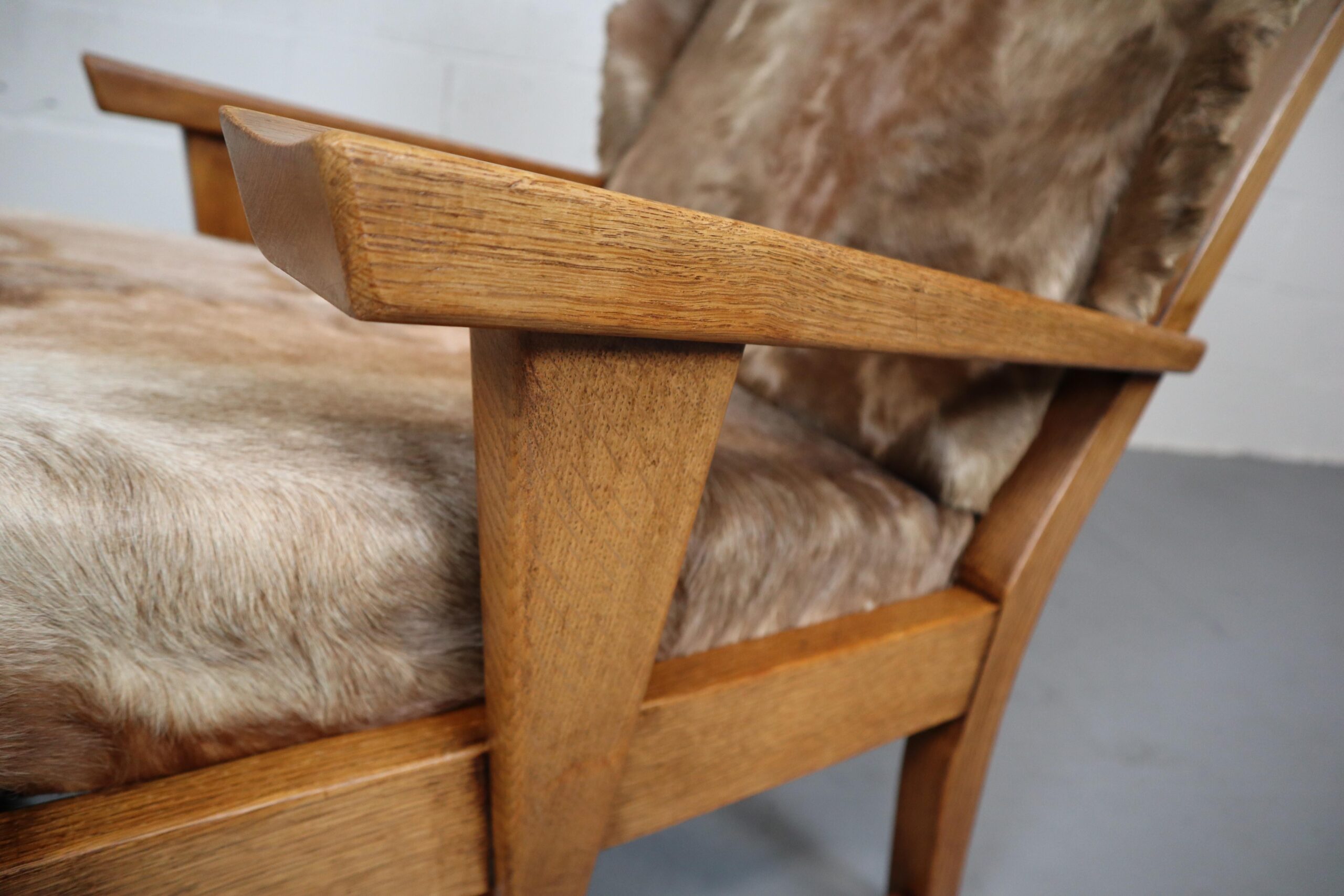 Brutalist Oak Lounge Chair and Ottoman with Upholstery in Goat Hide