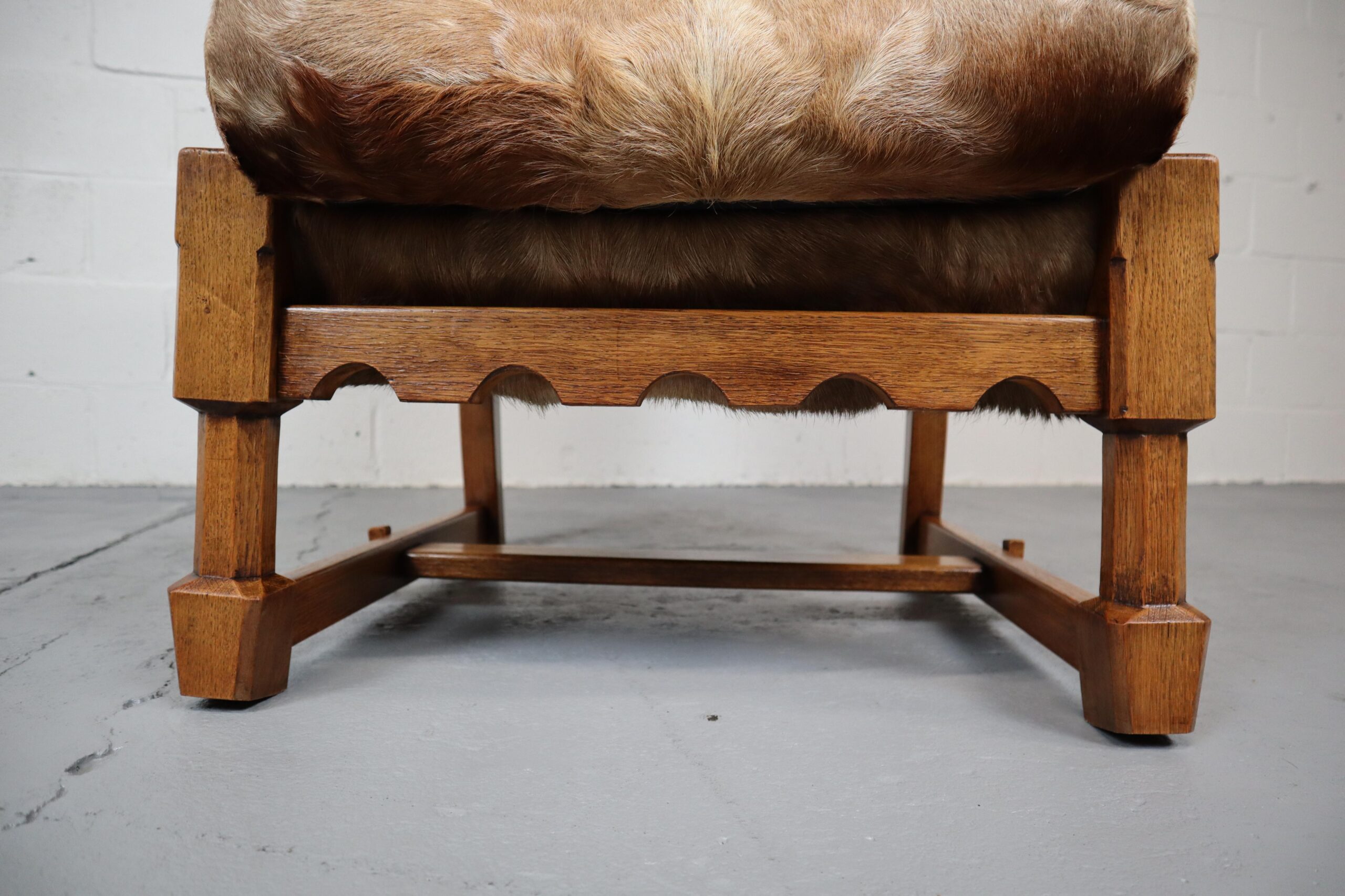 Brutalist Oak Lounge Chair and Ottoman with Upholstery in Goat Hide