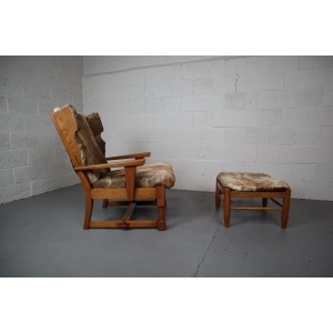 Brutalist Oak Lounge Chair and Ottoman with Upholstery in Goat Hide