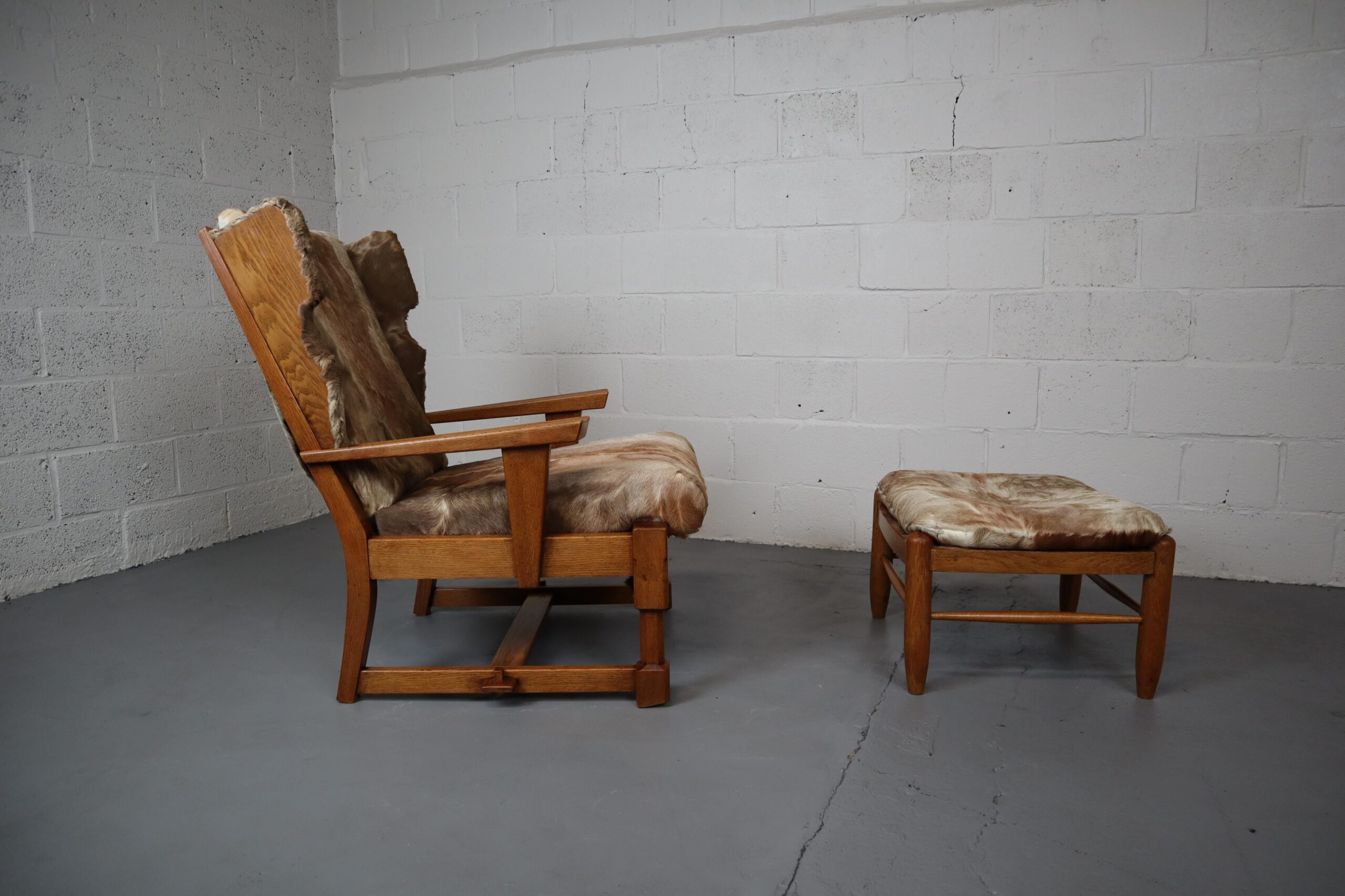 Brutalist Oak Lounge Chair and Ottoman with Upholstery in Goat Hide