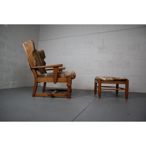 Brutalist Oak Lounge Chair and Ottoman with Upholstery in Goat Hide