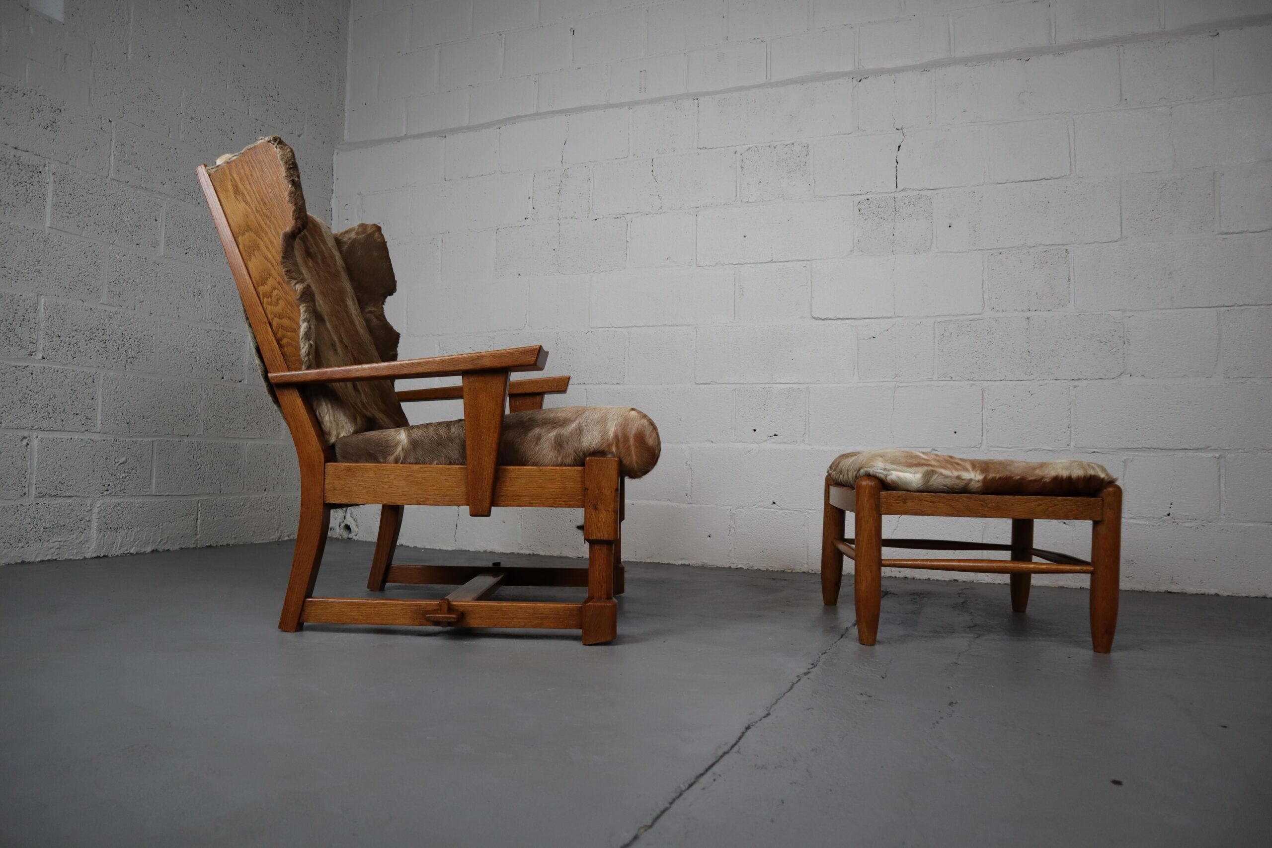 Brutalist Oak Lounge Chair and Ottoman with Upholstery in Goat Hide