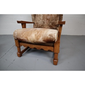 Brutalist Oak Lounge Chair and Ottoman with Upholstery in Goat Hide