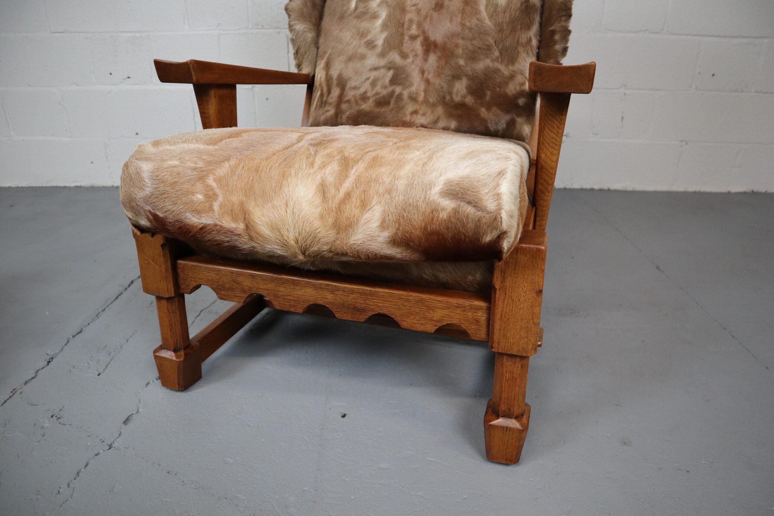 Brutalist Oak Lounge Chair and Ottoman with Upholstery in Goat Hide