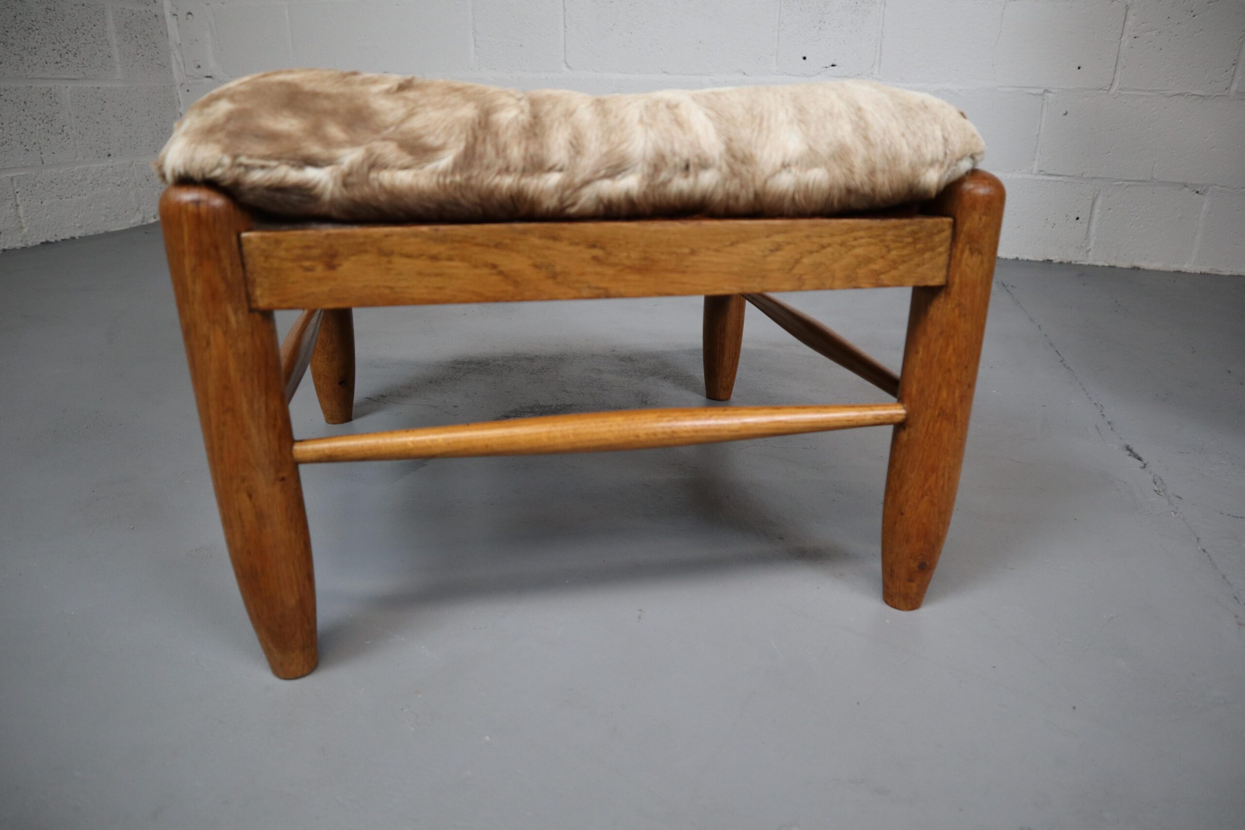 Brutalist Oak Lounge Chair and Ottoman with Upholstery in Goat Hide