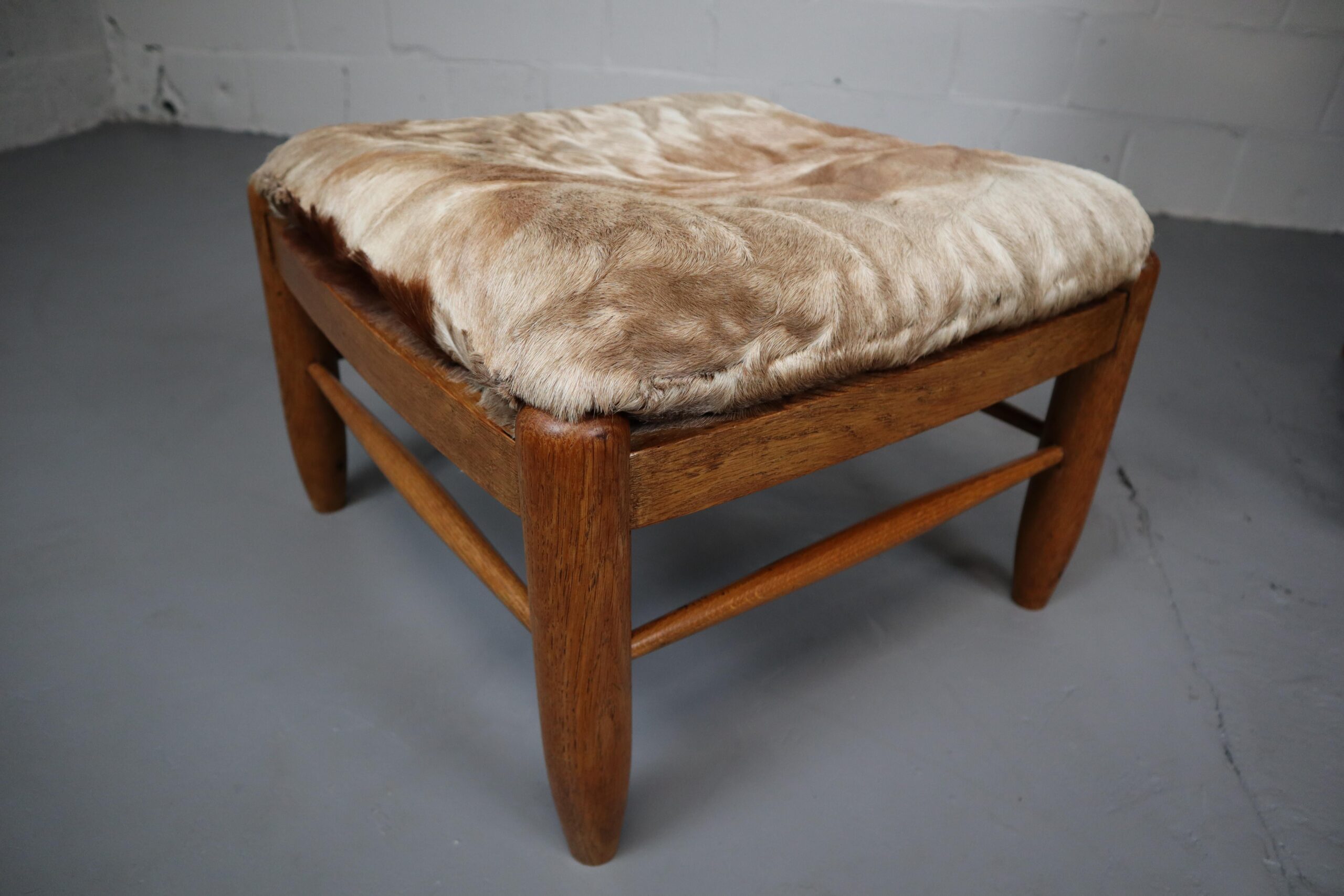 Brutalist Oak Lounge Chair and Ottoman with Upholstery in Goat Hide