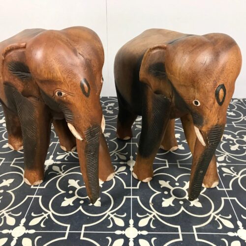 Pair Vintage Carved Asia Elephants Sculpture
