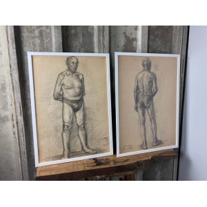 Vintage Original Pencil Drawing, Older Man Front And Back Portrait