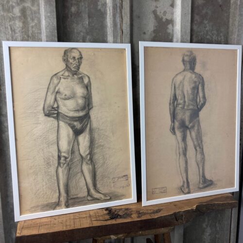 Vintage Original Pencil Drawing, Older Man Front And Back Portrait