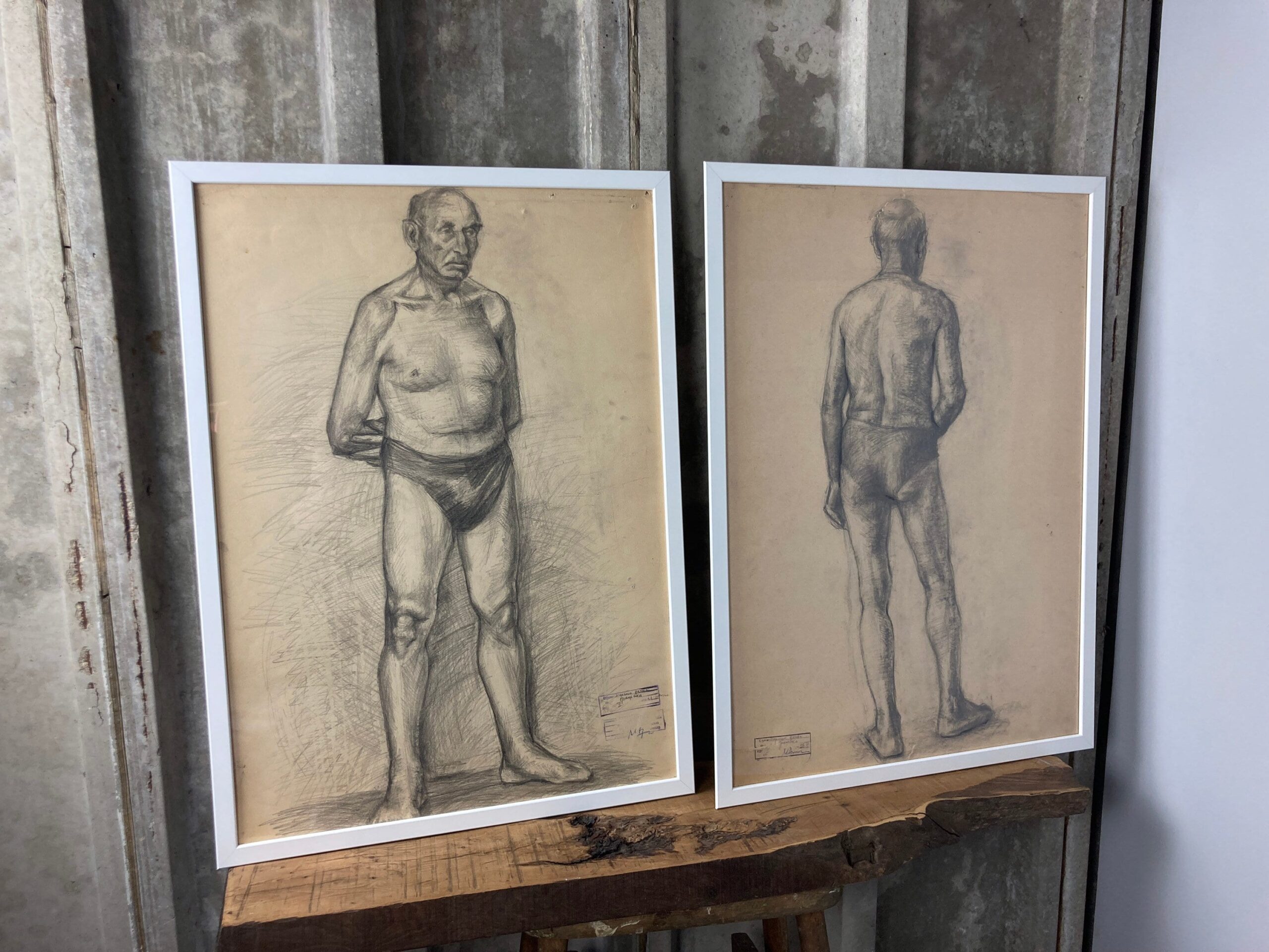 Vintage Original Pencil Drawing, Older Man Front And Back Portrait