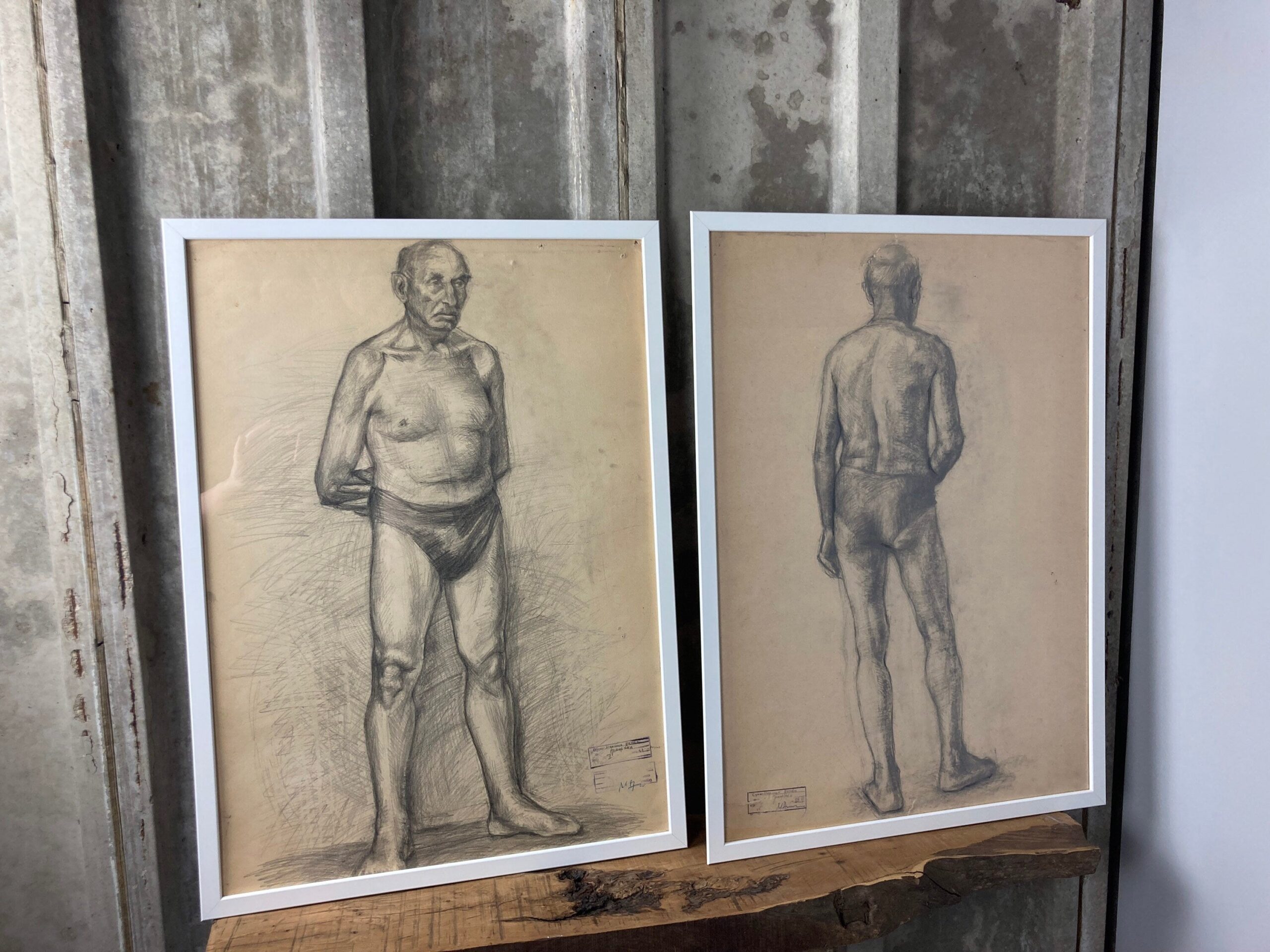 Vintage Original Pencil Drawing, Older Man Front And Back Portrait