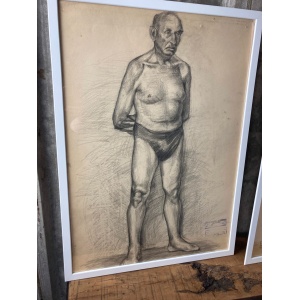 Vintage Original Pencil Drawing, Older Man Front And Back Portrait