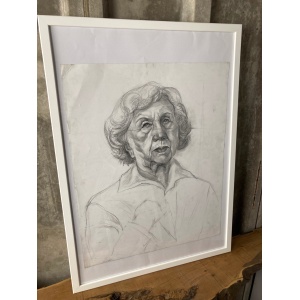 Vintage Original Pencil Drawing Picture, Older Lady
