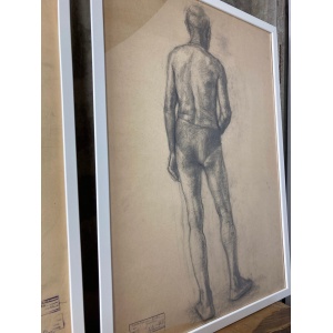 Vintage Original Pencil Drawing, Older Man Front And Back Portrait