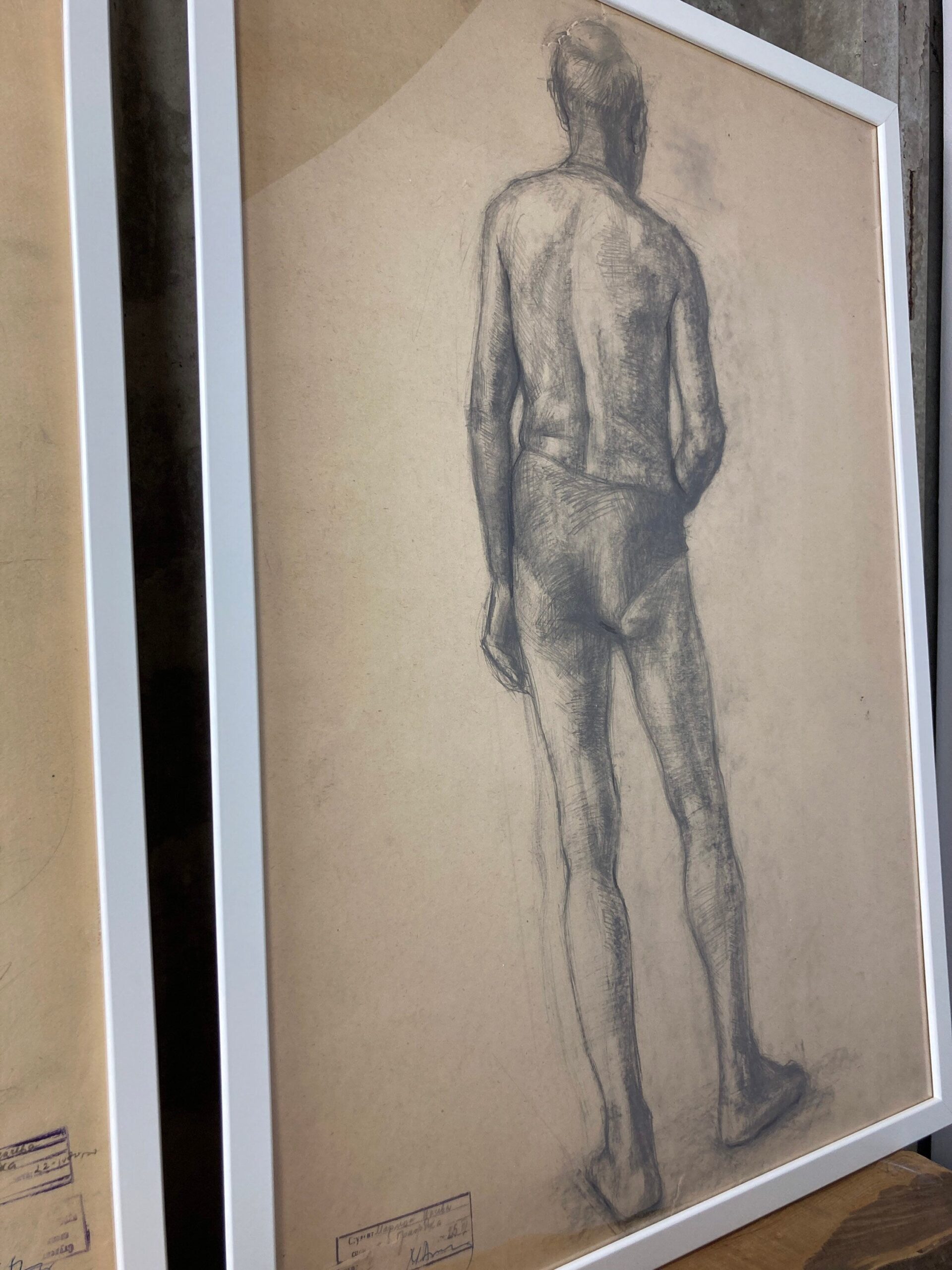 Vintage Original Pencil Drawing, Older Man Front And Back Portrait