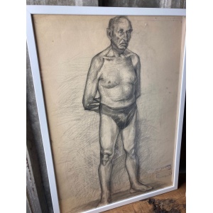 Vintage Original Pencil Drawing, Older Man Front And Back Portrait