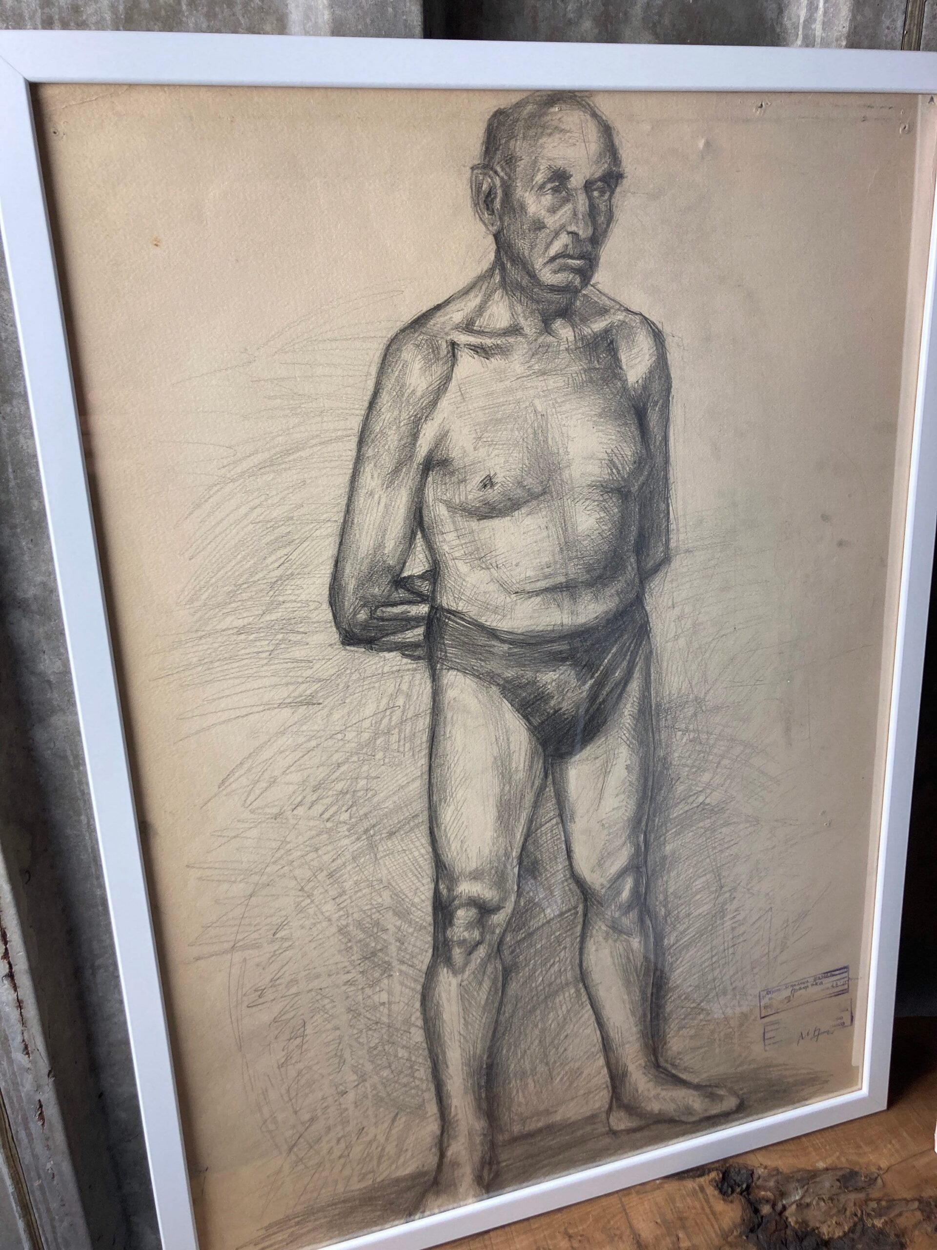 Vintage Original Pencil Drawing, Older Man Front And Back Portrait