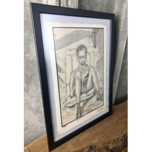 Stylish Man Sunbathing, Vintage 1970 Pencil Art Work