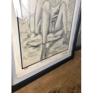 Stylish Man Sunbathing, Vintage 1970 Pencil Art Work