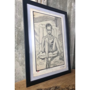 Stylish Man Sunbathing, Vintage 1970 Pencil Art Work