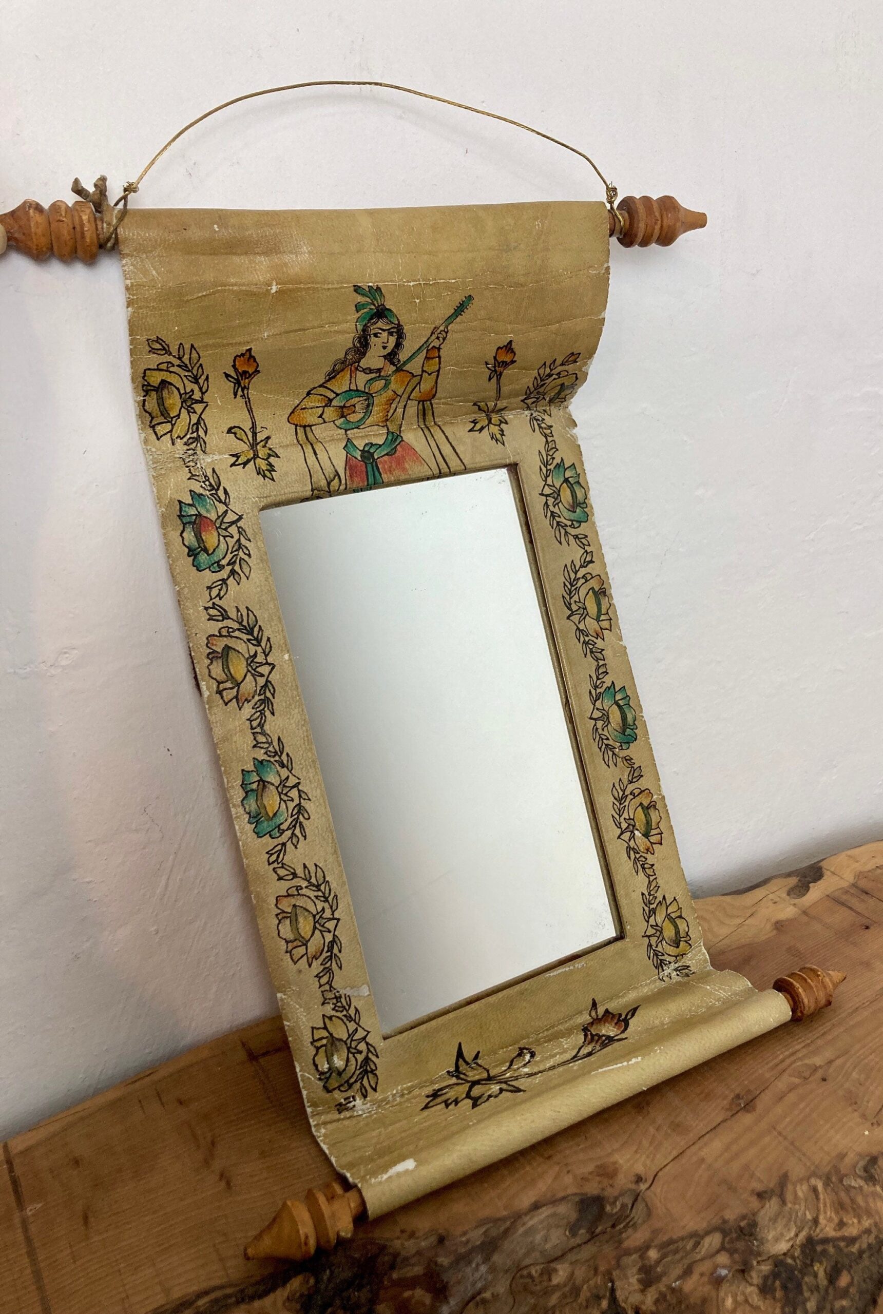 Mid 20th Century Indian Hand Painted Leather Scroll Mirror