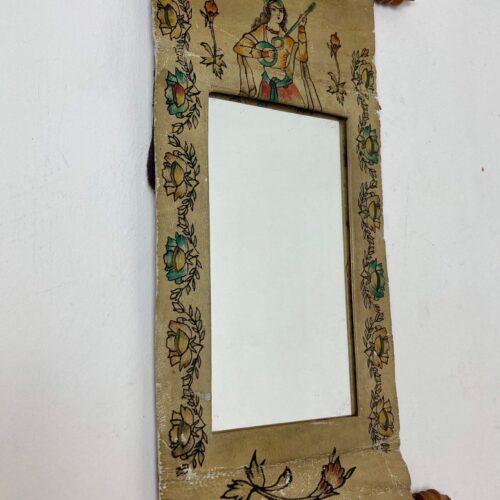 Mid 20th Century Indian Hand Painted Leather Scroll Mirror