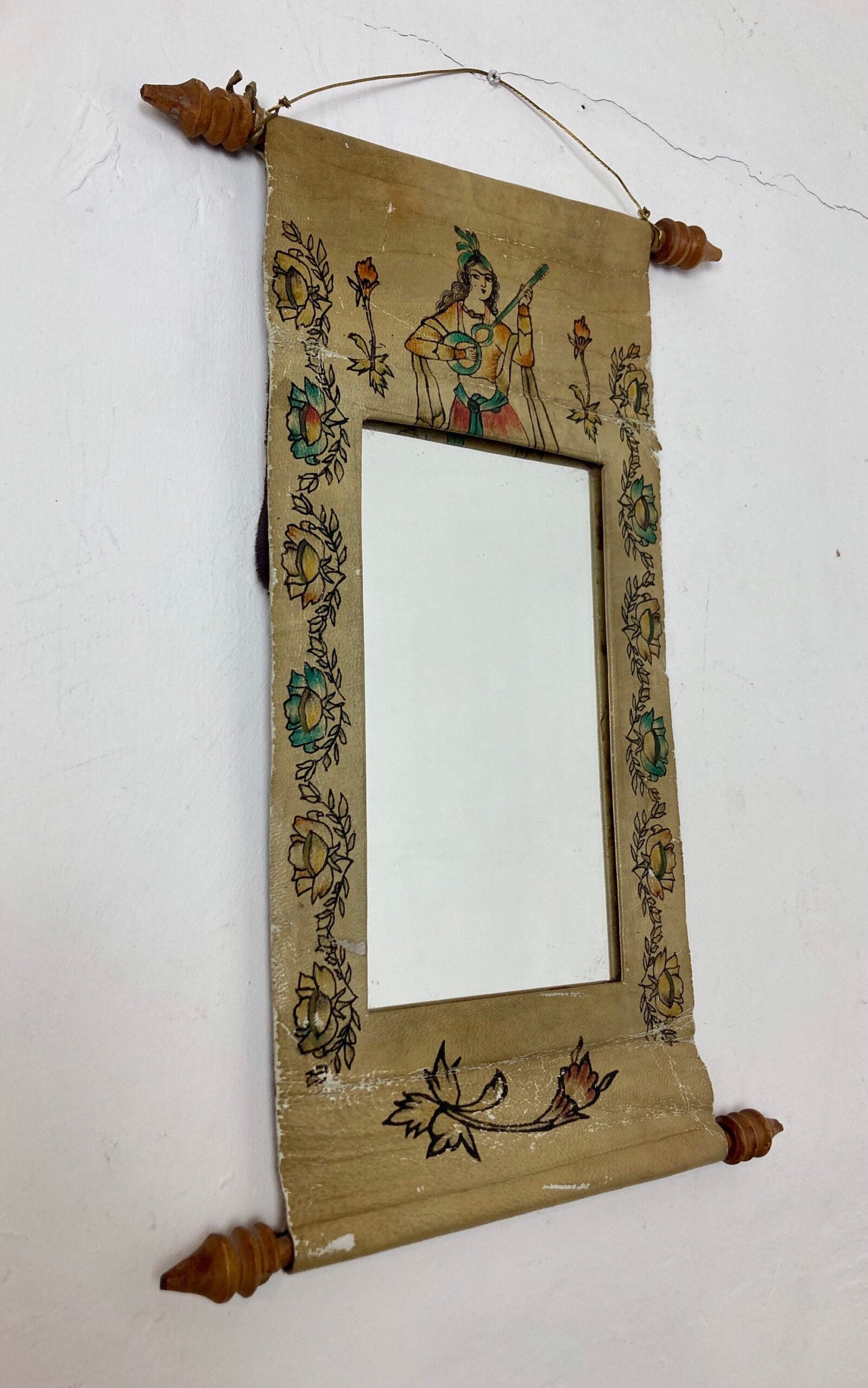 Mid 20th Century Indian Hand Painted Leather Scroll Mirror