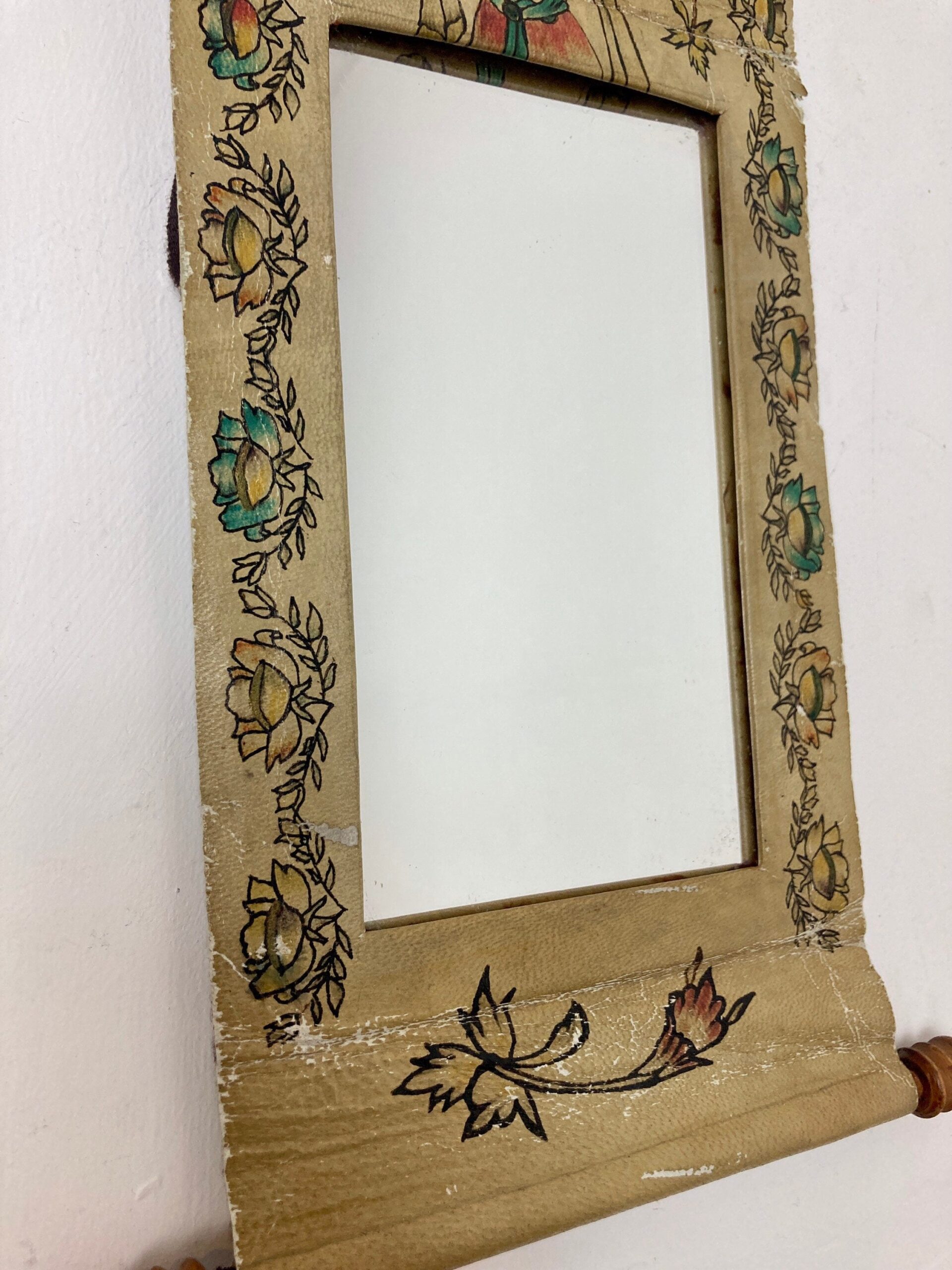 Mid 20th Century Indian Hand Painted Leather Scroll Mirror