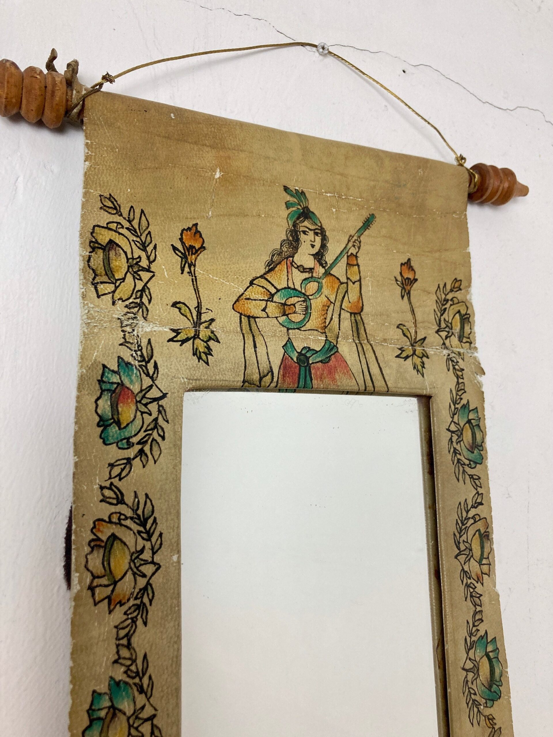 Mid 20th Century Indian Hand Painted Leather Scroll Mirror