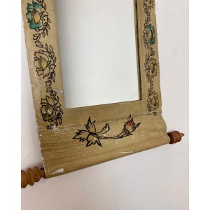 Mid 20th Century Indian Hand Painted Leather Scroll Mirror