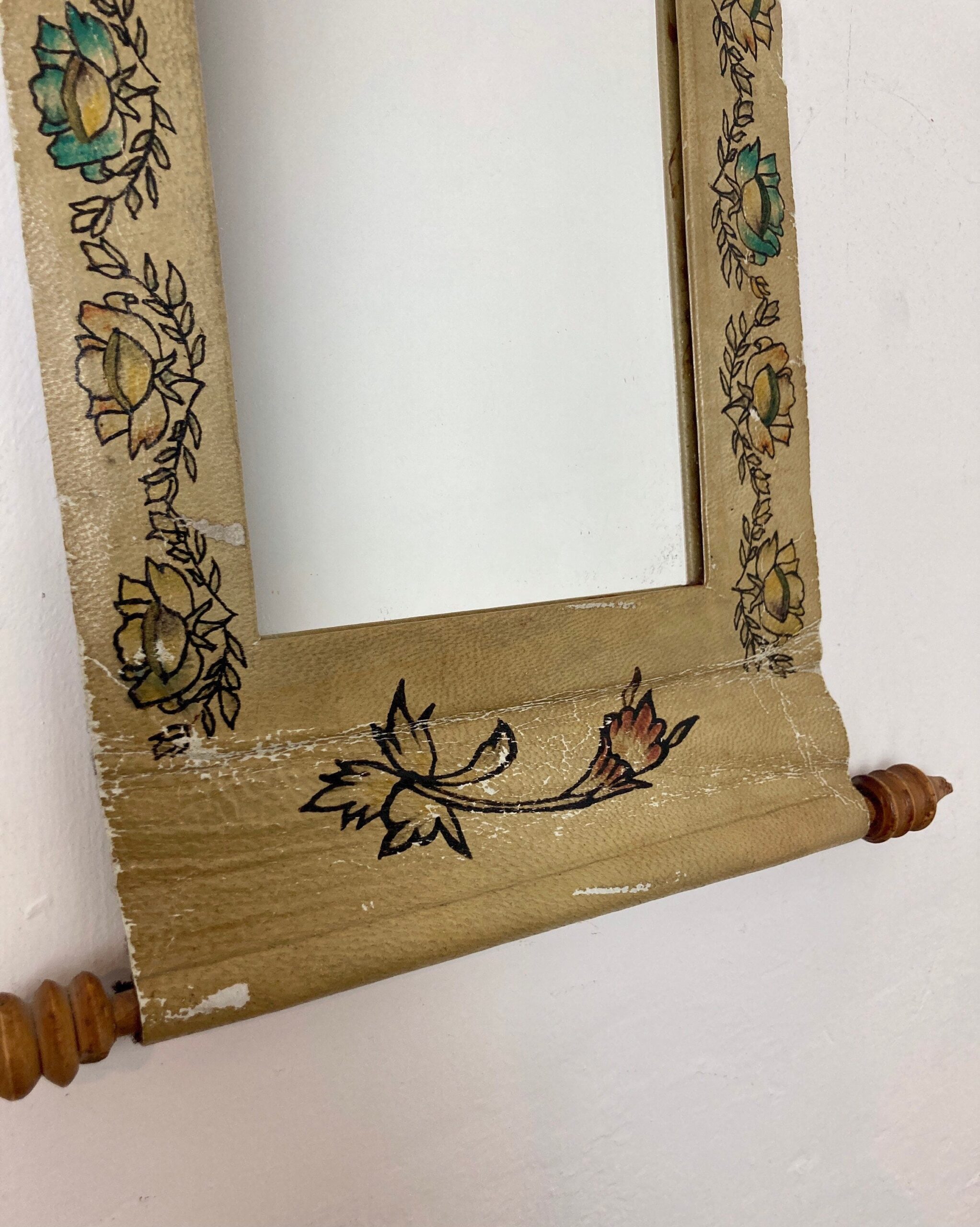 Mid 20th Century Indian Hand Painted Leather Scroll Mirror