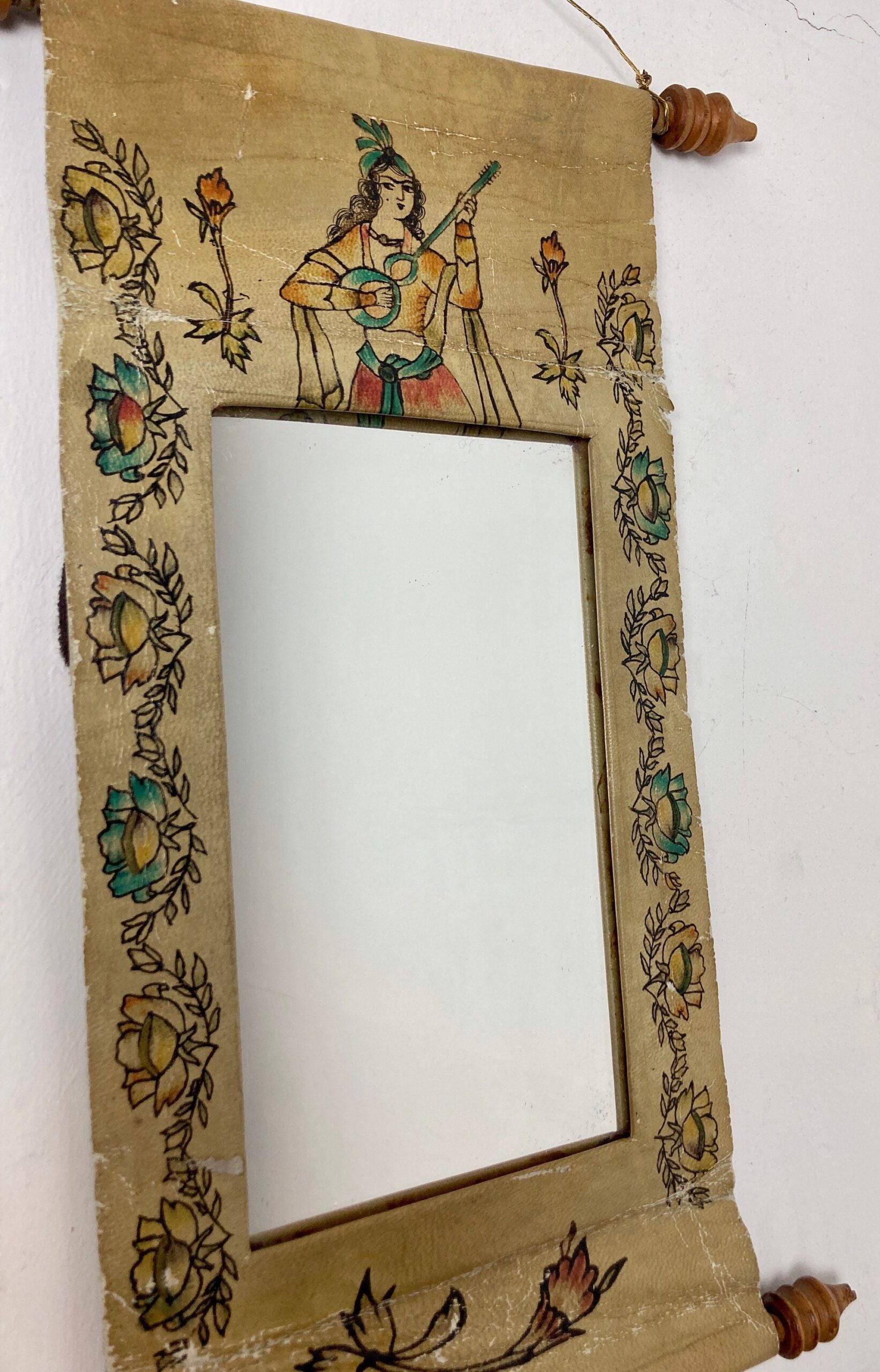 Mid 20th Century Indian Hand Painted Leather Scroll Mirror