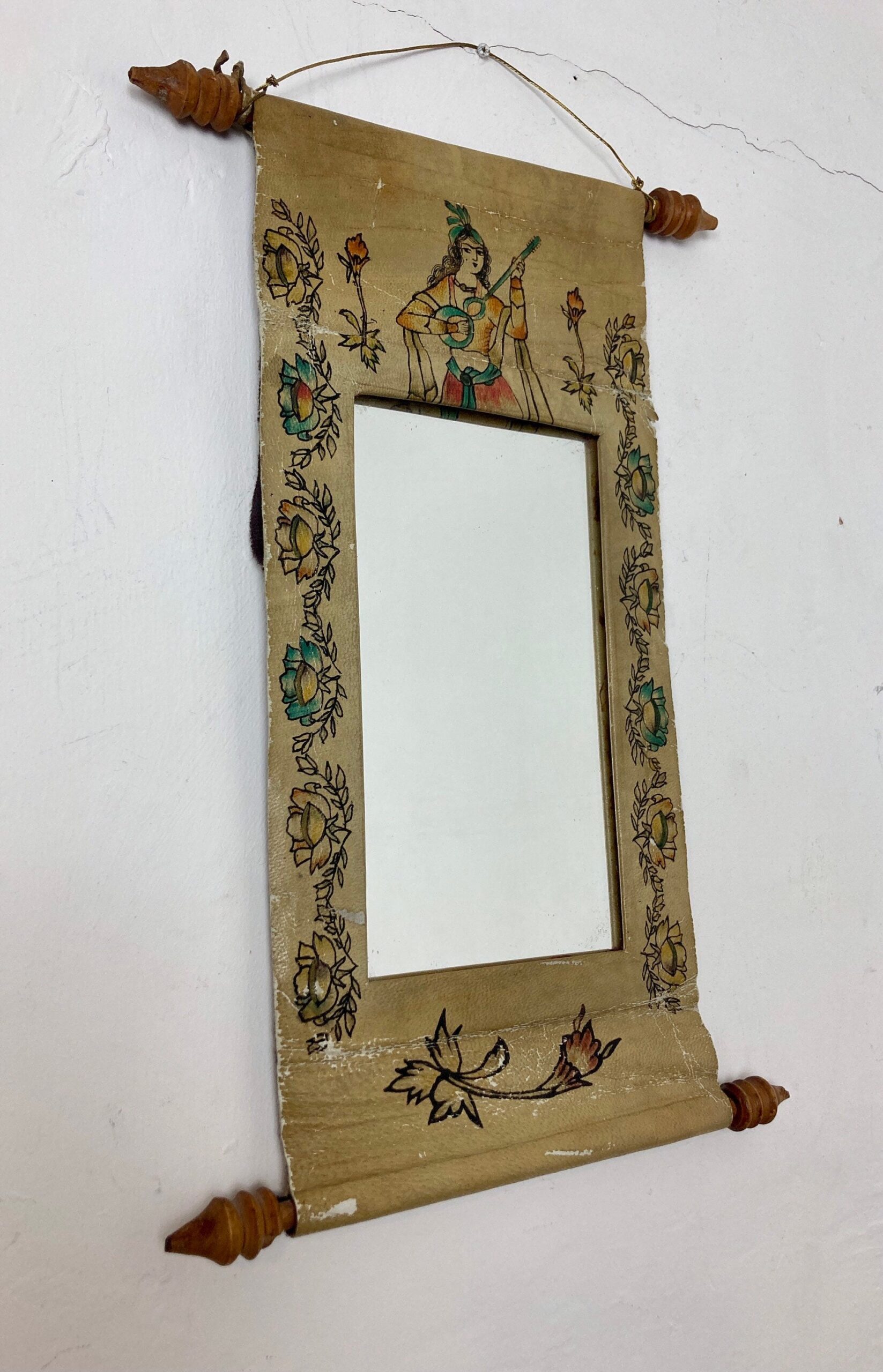 Mid 20th Century Indian Hand Painted Leather Scroll Mirror