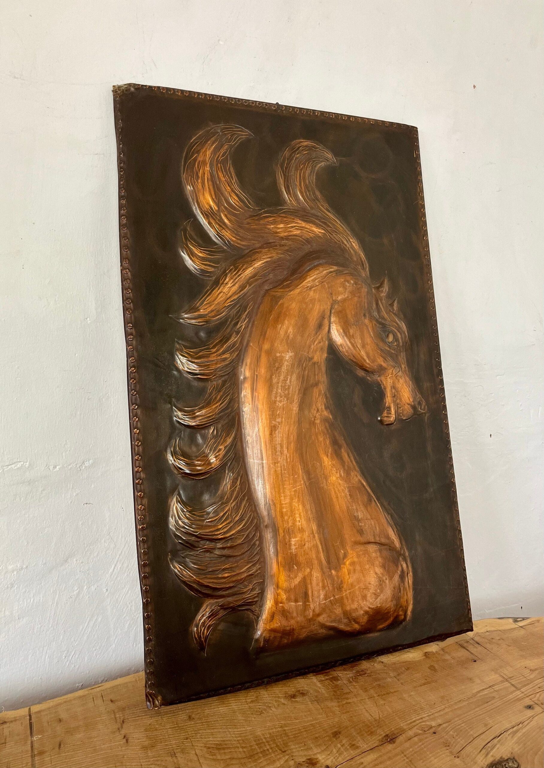 Antique Art Deco Hammered Copper Horse Plaque