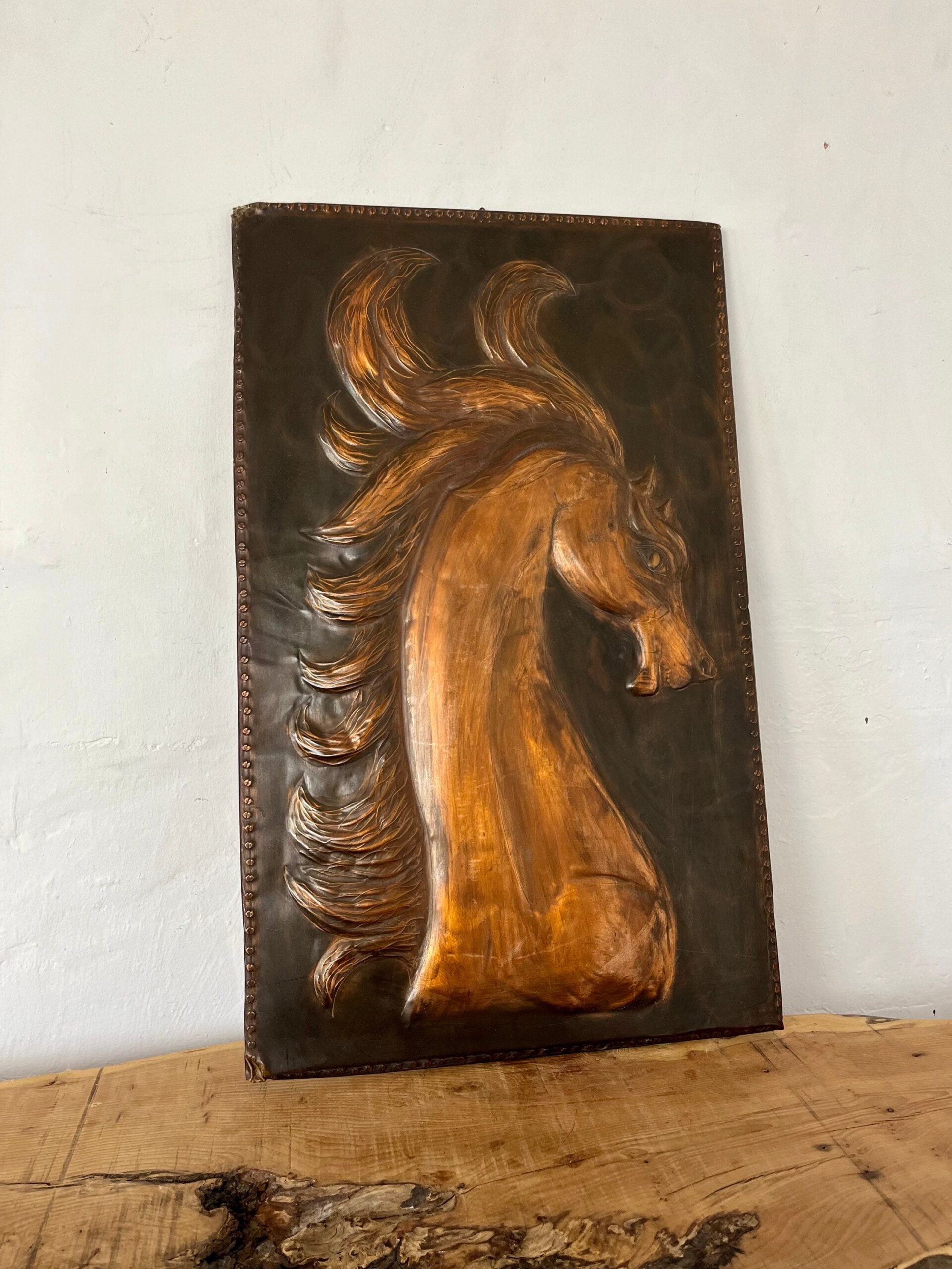 Antique Art Deco Hammered Copper Horse Plaque