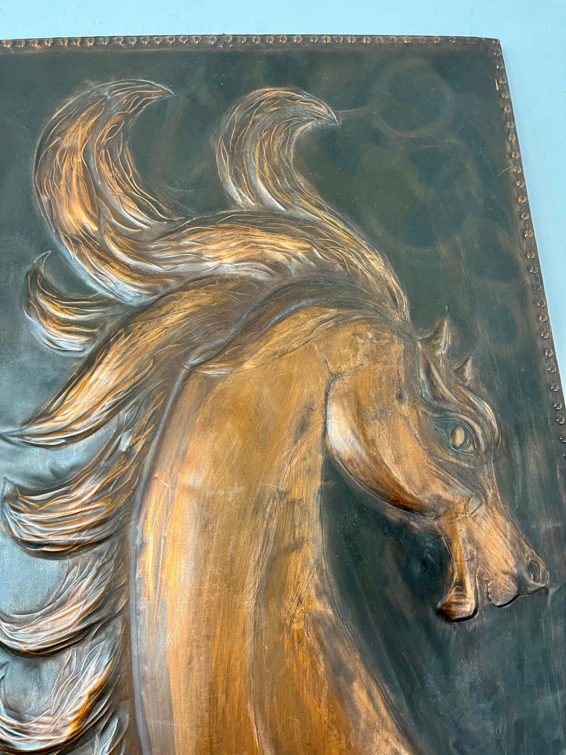 Antique Art Deco Hammered Copper Horse Plaque