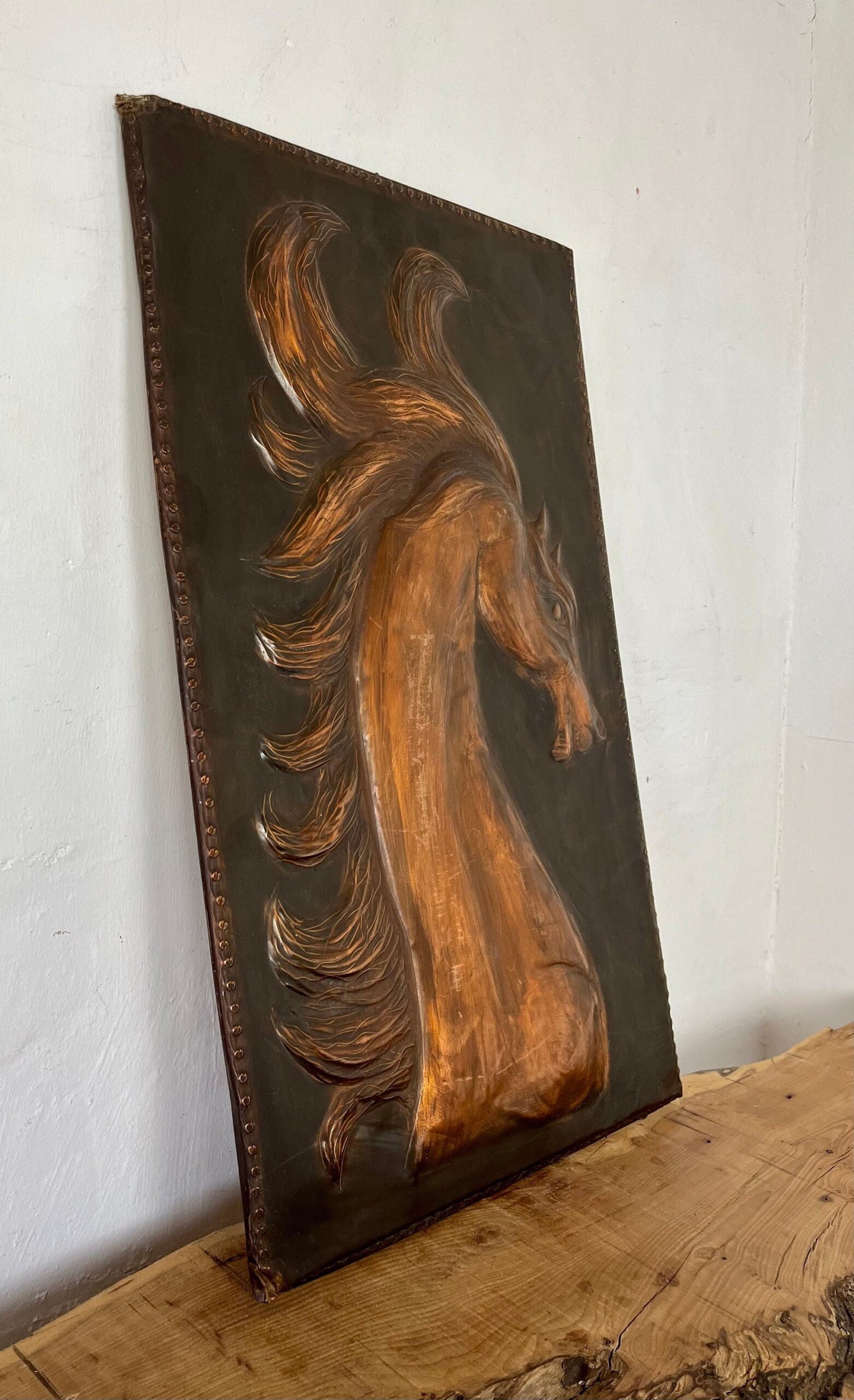 Antique Art Deco Hammered Copper Horse Plaque