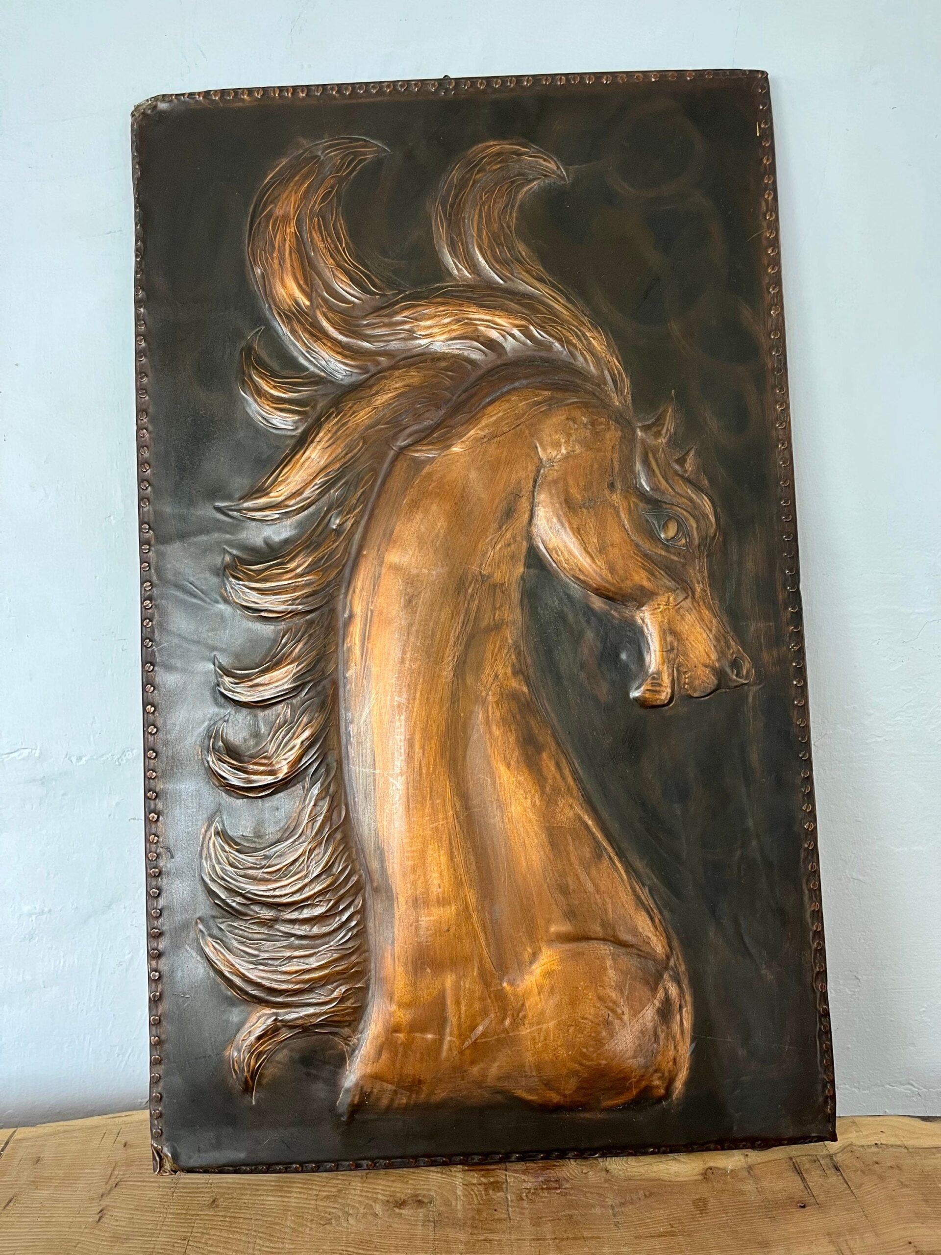 Antique Art Deco Hammered Copper Horse Plaque