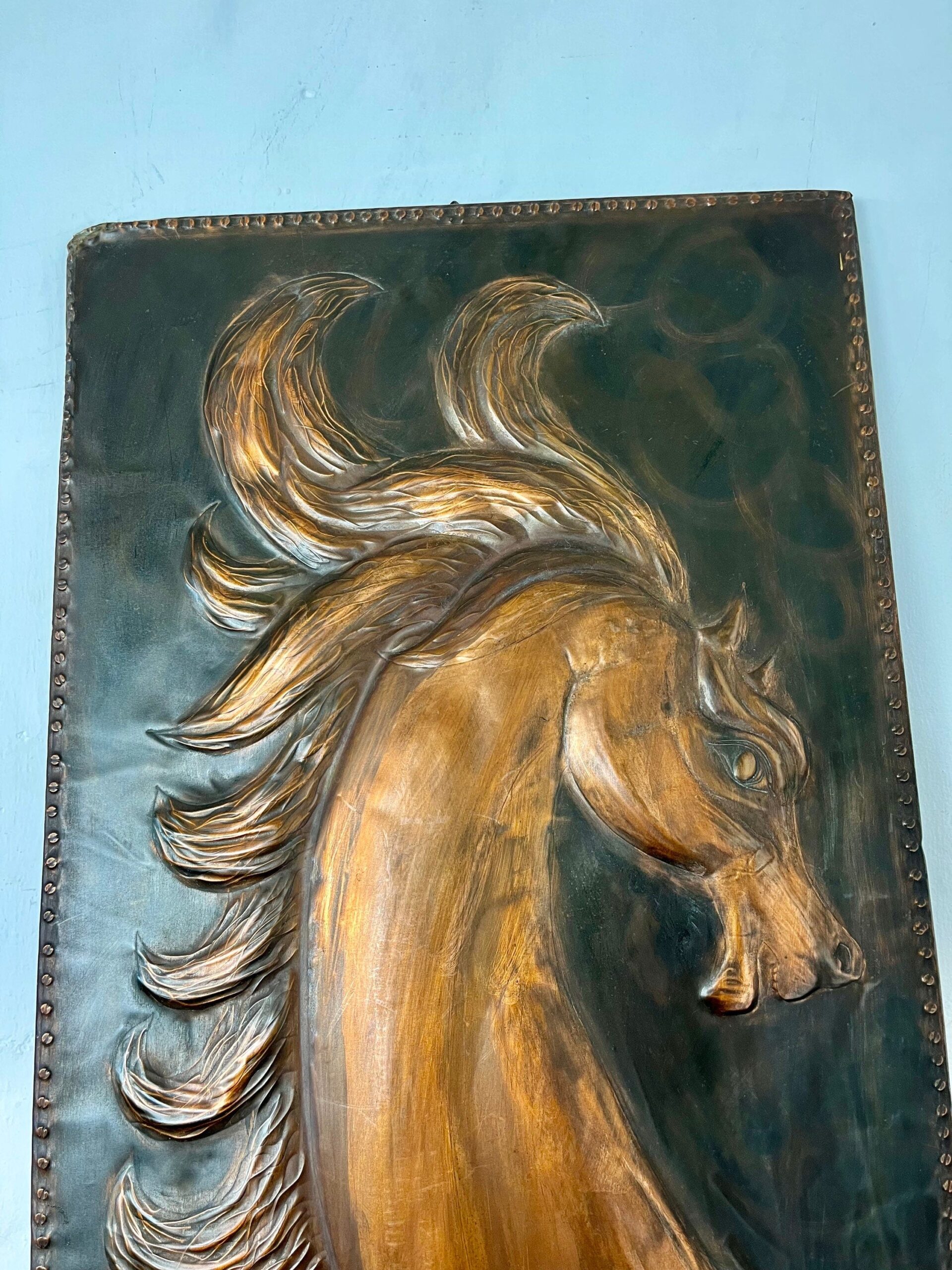 Antique Art Deco Hammered Copper Horse Plaque