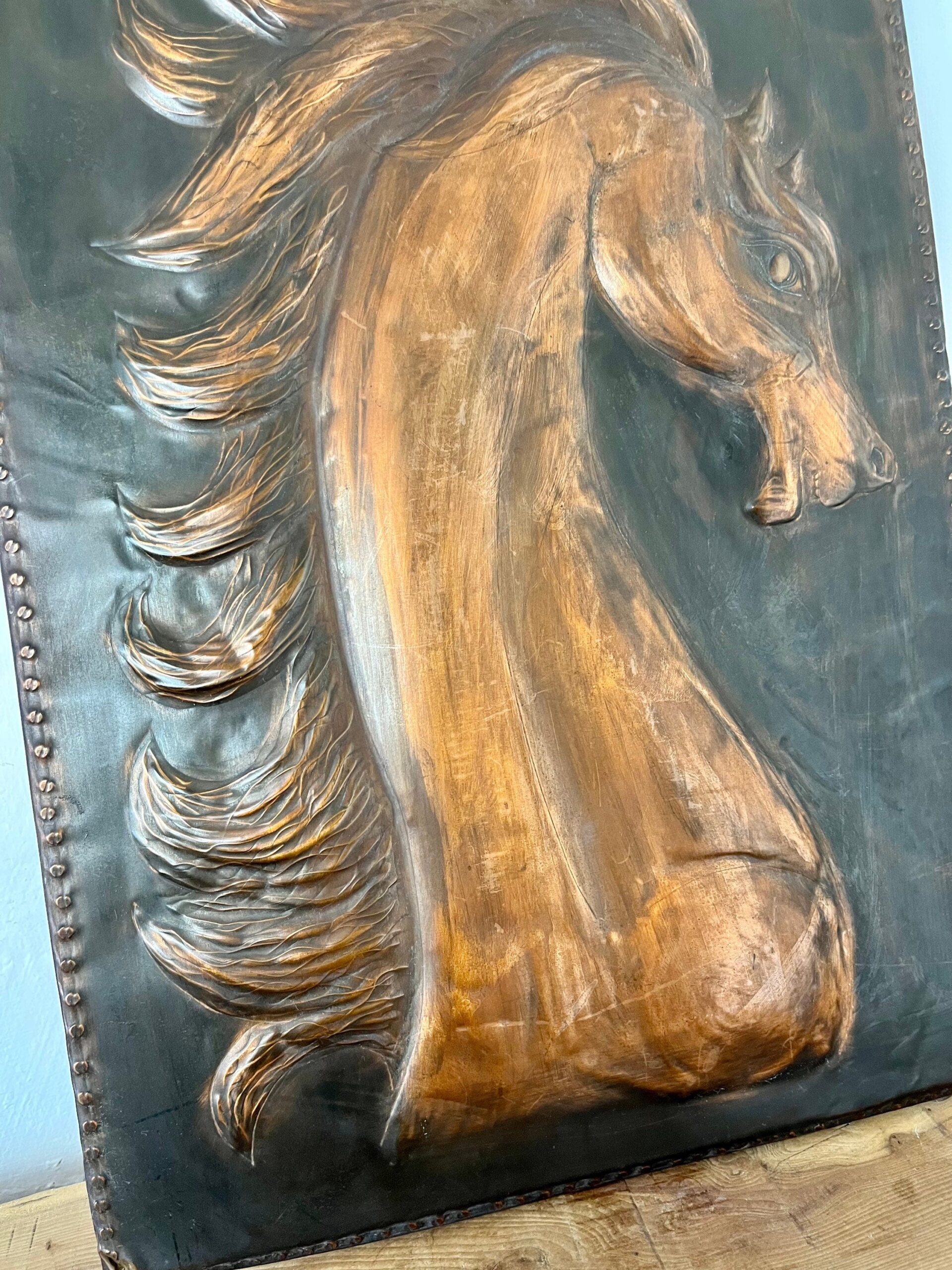 Antique Art Deco Hammered Copper Horse Plaque