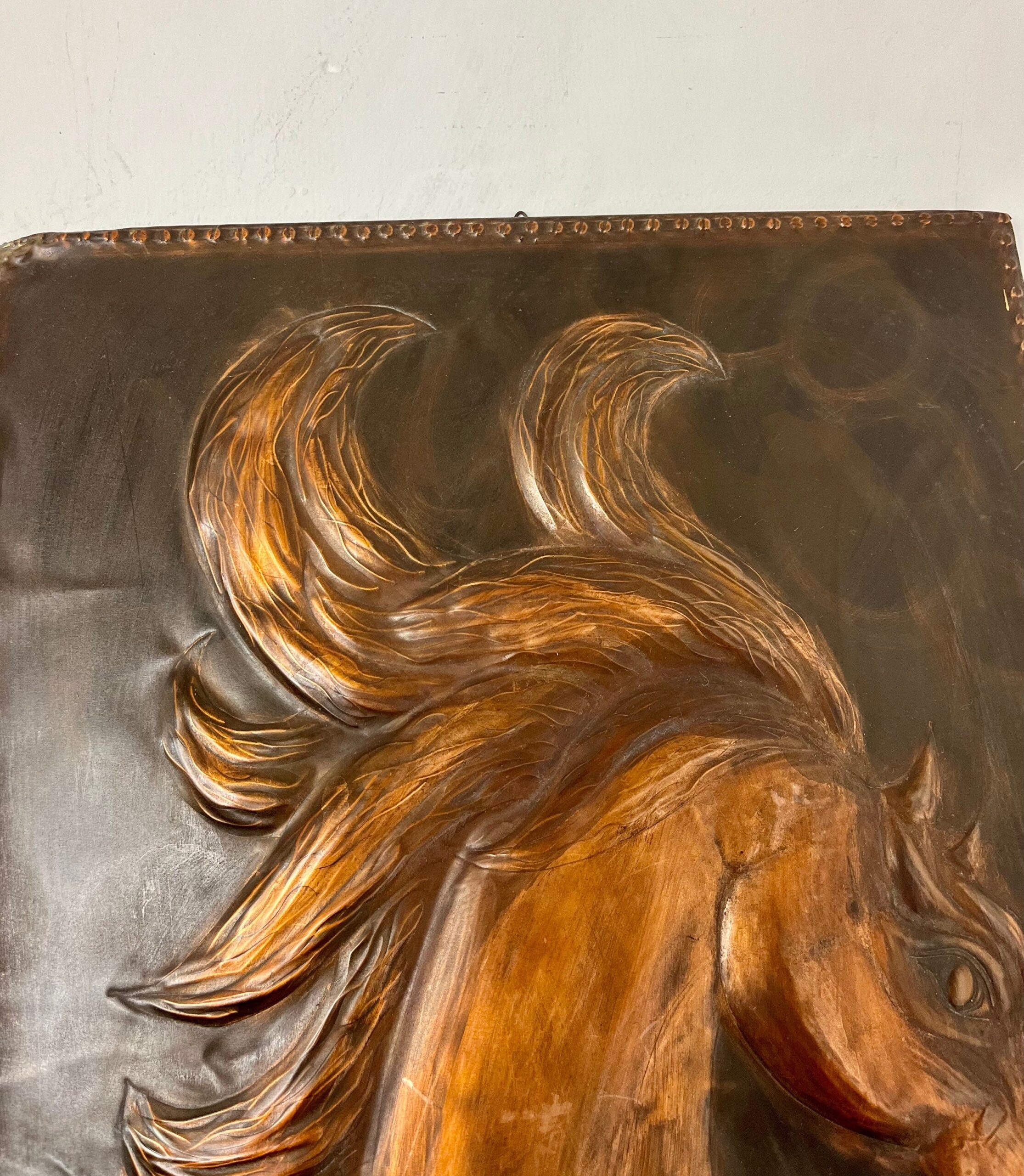 Antique Art Deco Hammered Copper Horse Plaque