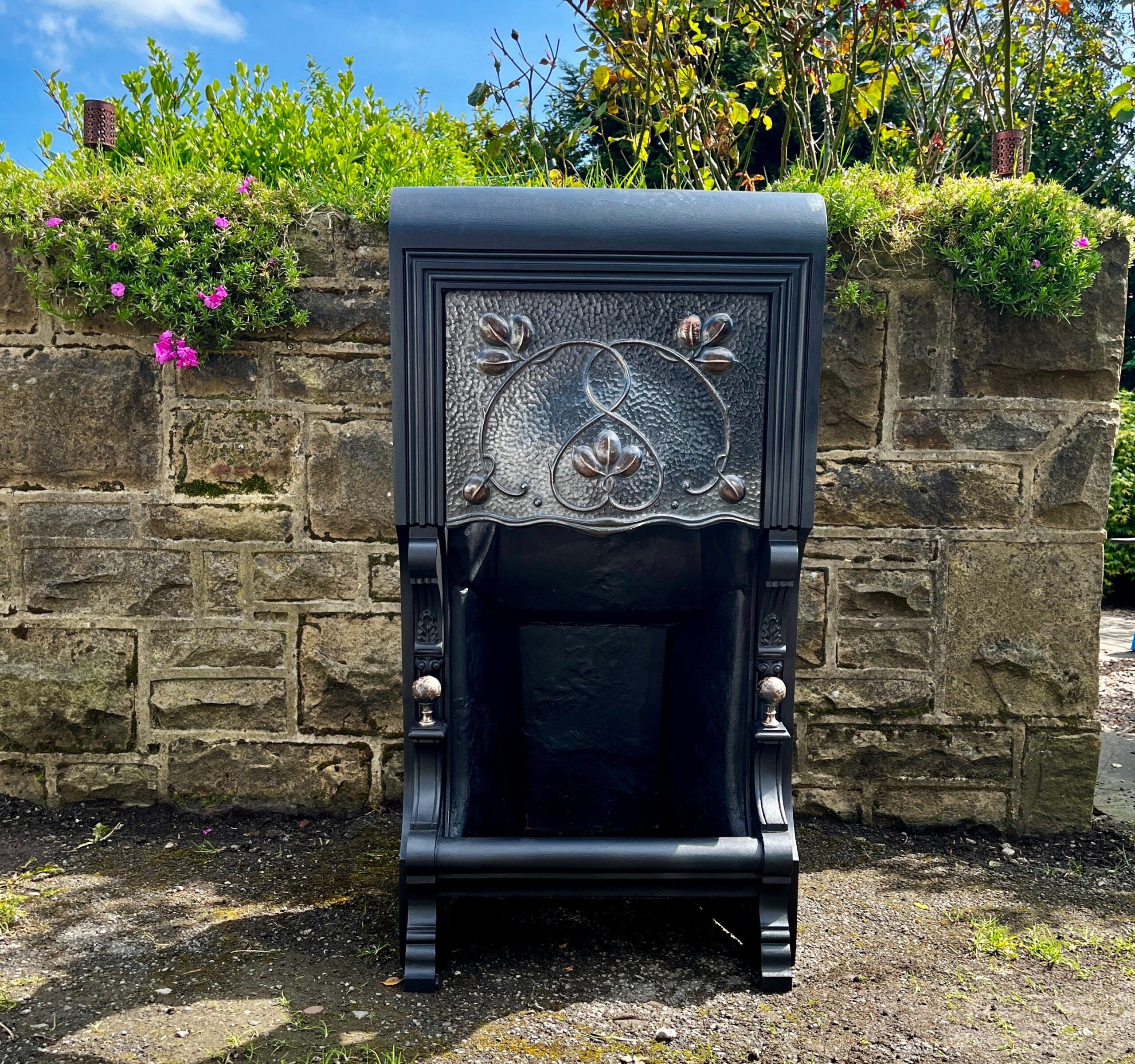 Antique Victorian Art Nouveau Cast Iron Fireplace With Pewter And Copper Accent