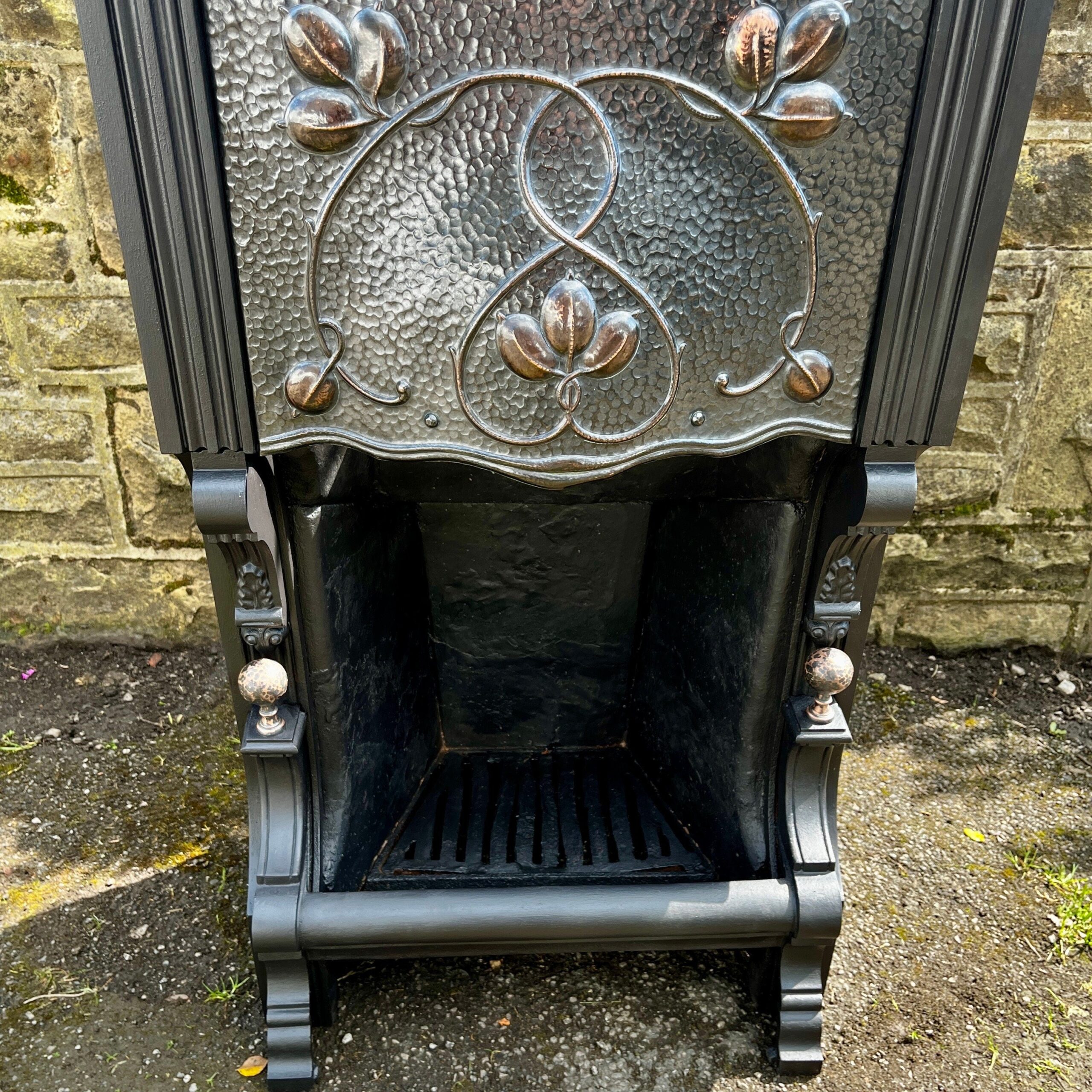 Antique Victorian Art Nouveau Cast Iron Fireplace With Pewter And Copper Accent