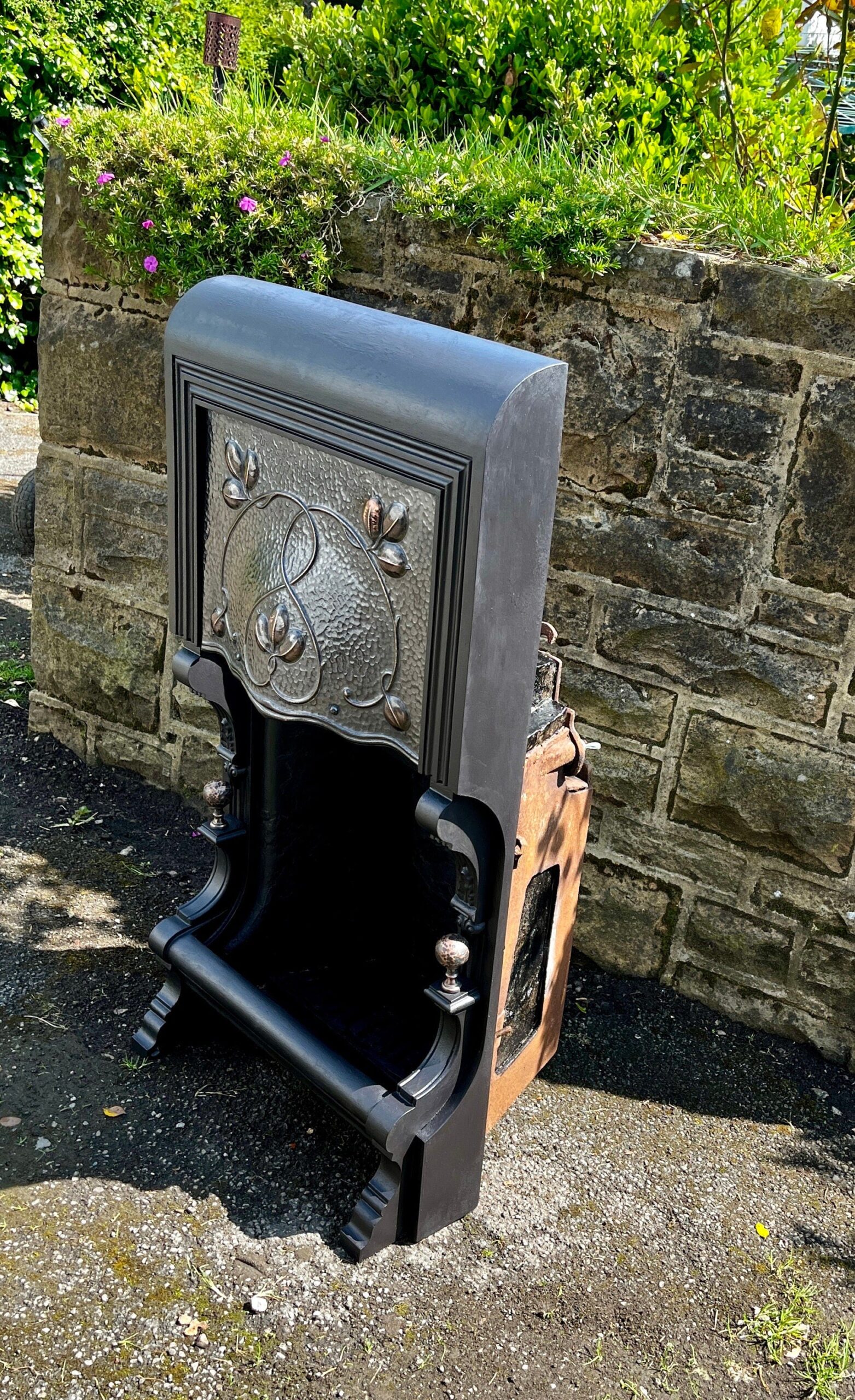 Antique Victorian Art Nouveau Cast Iron Fireplace With Pewter And Copper Accent
