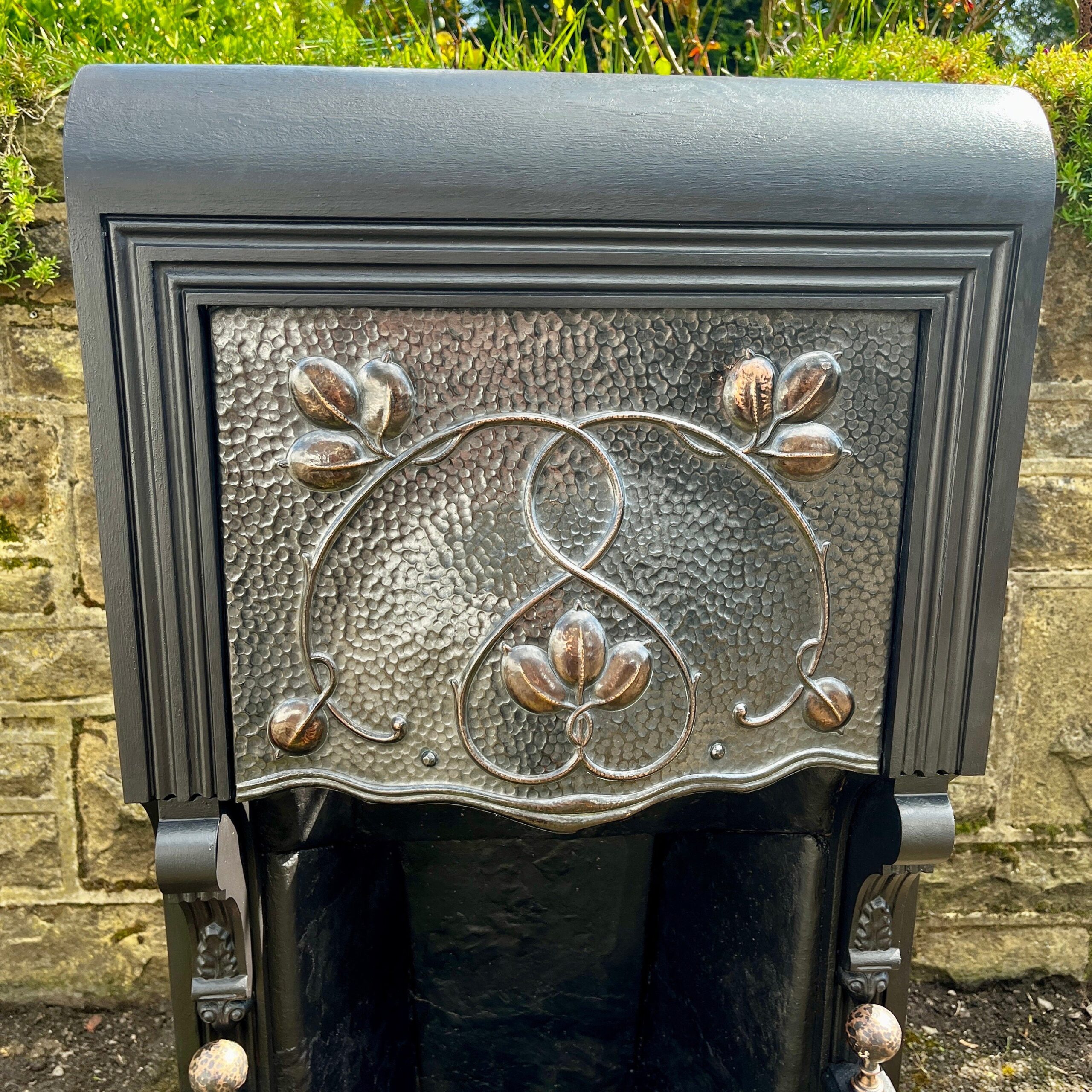 Antique Victorian Art Nouveau Cast Iron Fireplace With Pewter And Copper Accent
