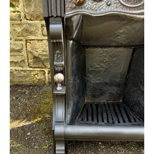Antique Victorian Art Nouveau Cast Iron Fireplace With Pewter And Copper Accent