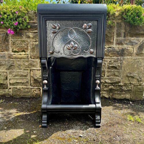 Antique Victorian Art Nouveau Cast Iron Fireplace With Pewter And Copper Accent