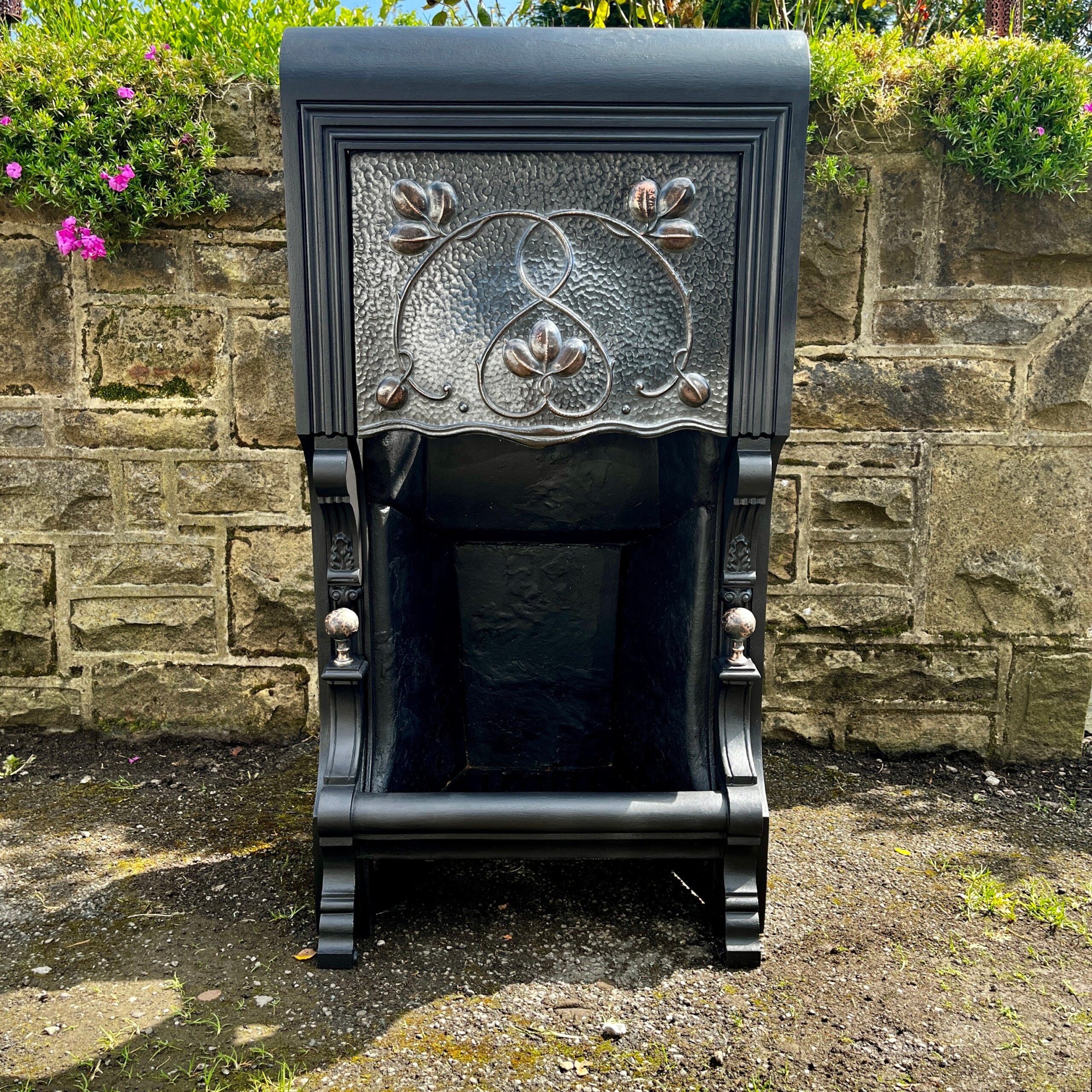 Antique Victorian Art Nouveau Cast Iron Fireplace With Pewter And Copper Accent